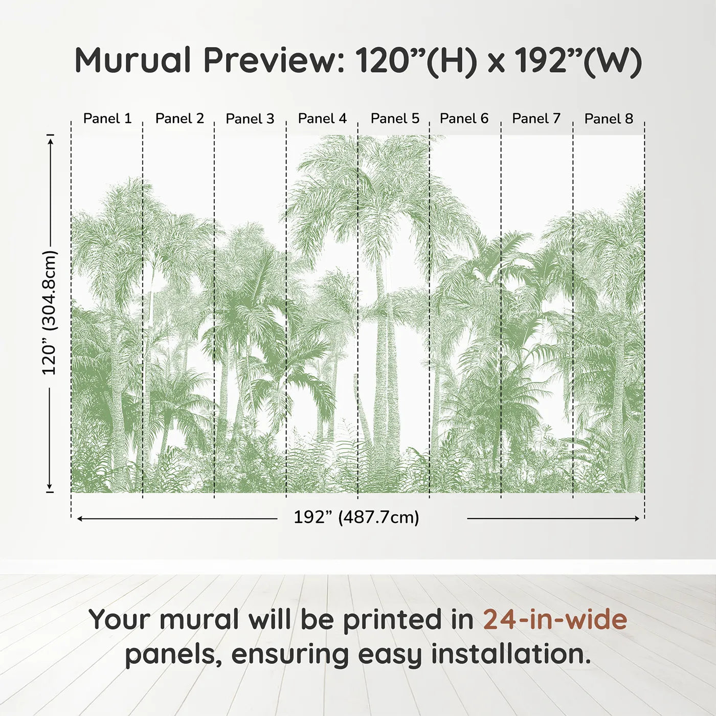 Whimsy Tots Green Palm Engraving Wall Muraldimension view (120" H x 192" W). Printed in eight 24-inch-wide panels. Gender-Neutral