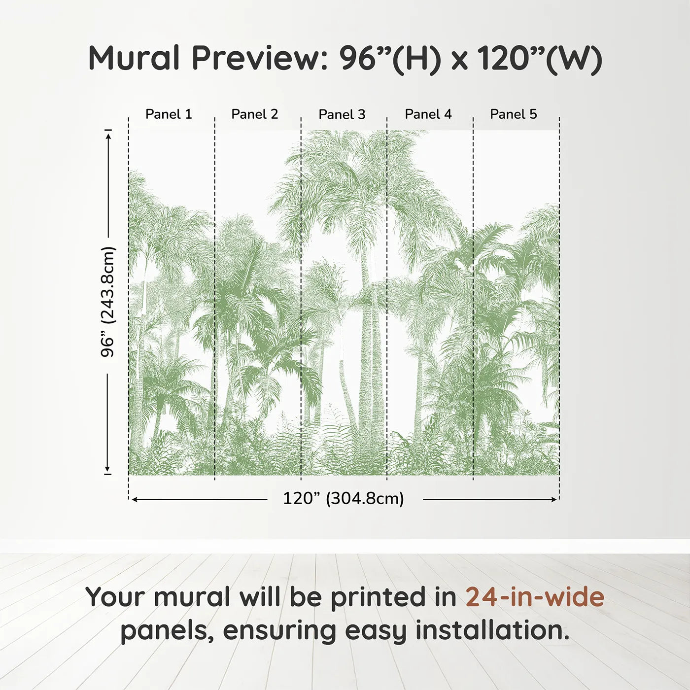 Whimsy Tots Green Palm Engraving Wall Muraldimension view (96" H x 120" W). Printed in five 24-inch-wide panels. Gender-Neutral