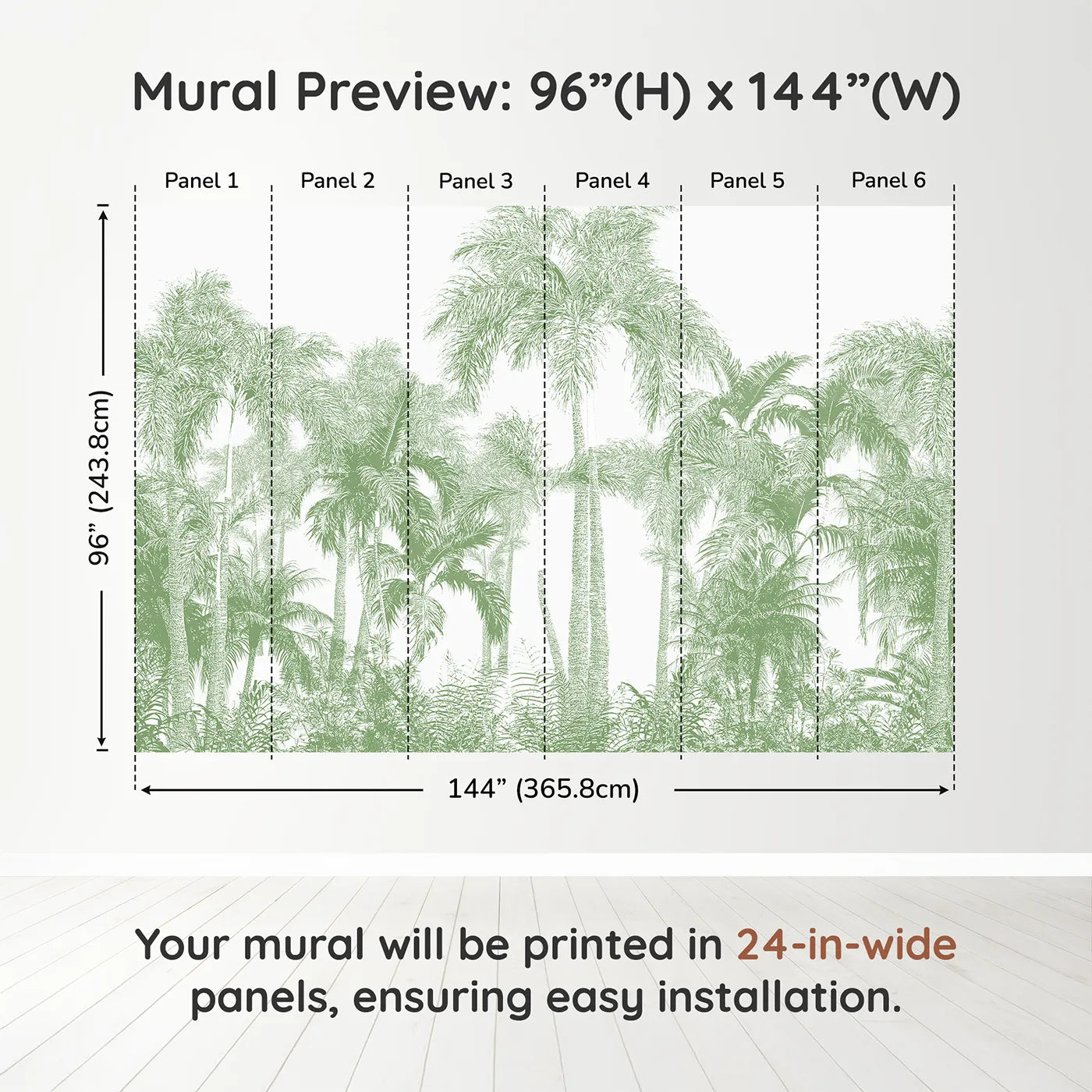 Whimsy Tots Green Palm Engraving Wall Muraldimension view (96" H x 144" W). Printed in six 24-inch-wide panels. Gender-Neutral