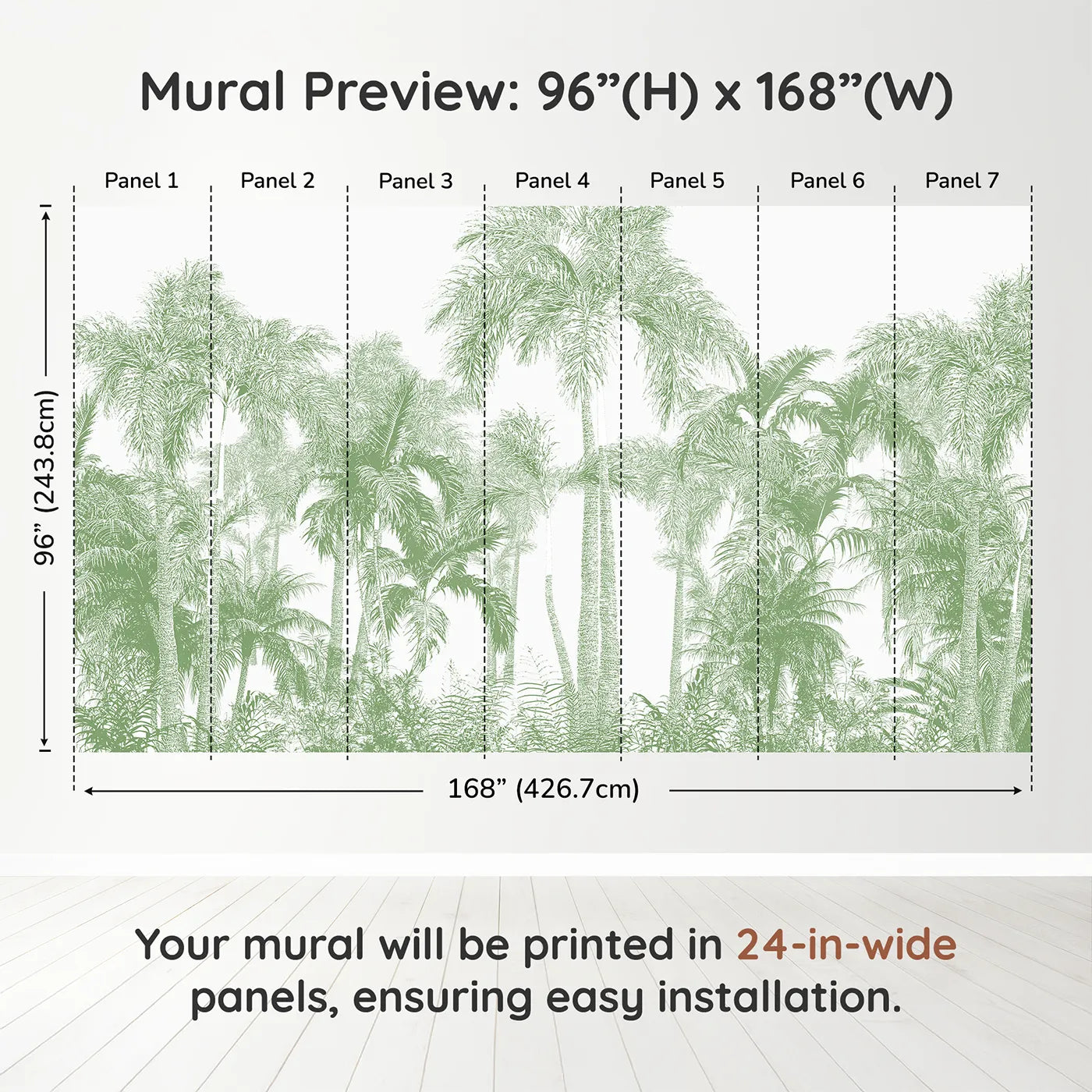 Whimsy Tots Green Palm Engraving Wall Muraldimension view (96" H x 168" W). Printed in seven 24-inch-wide panels. Gender-Neutral
