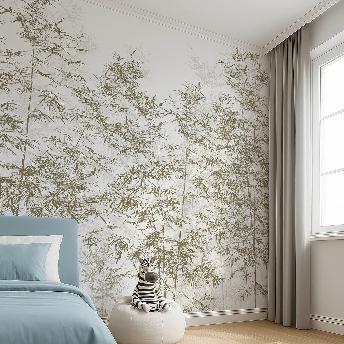 Angled view of Whimsy Tots' Brown Bamboo Engraving Wall Mural (Turn Their Room into a Classic, Zen-Like Grove).Gender-Neutral