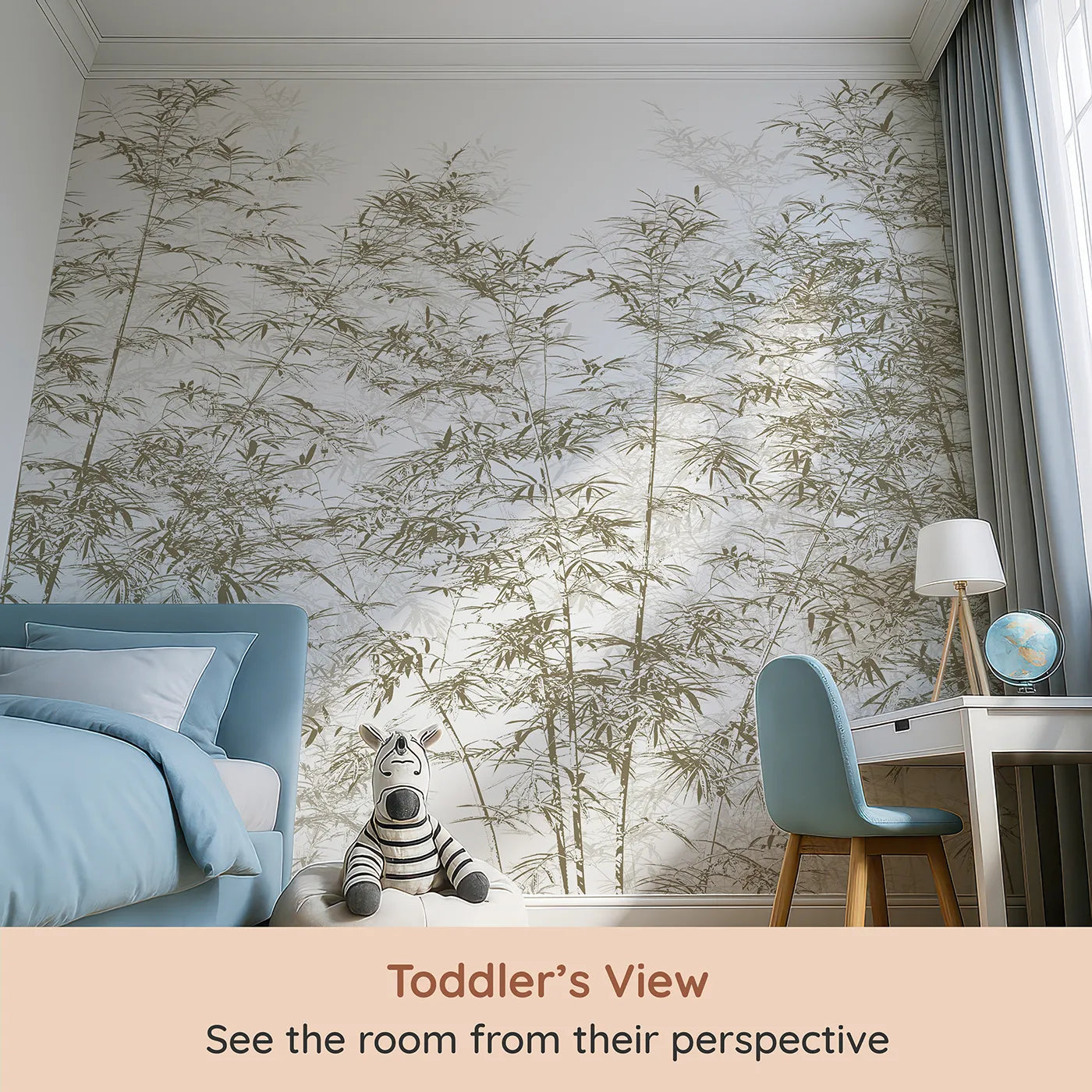Whimsy Tots Brown Bamboo Engraving Wall Mural (Turn Their Room into a Classic, Zen-Like Grove) from your child's view.Gender-Neutral
