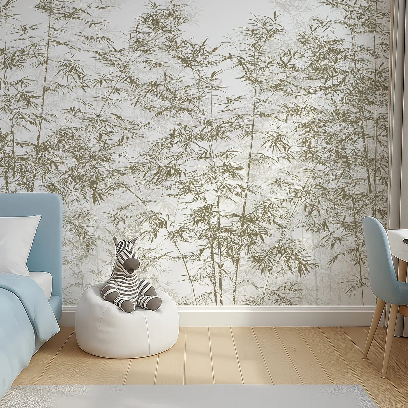 Top-down view of Whimsy Tots' Brown Bamboo Engraving Wall Mural (Turn Their Room into a Classic, Zen-Like Grove).Gender-Neutral
