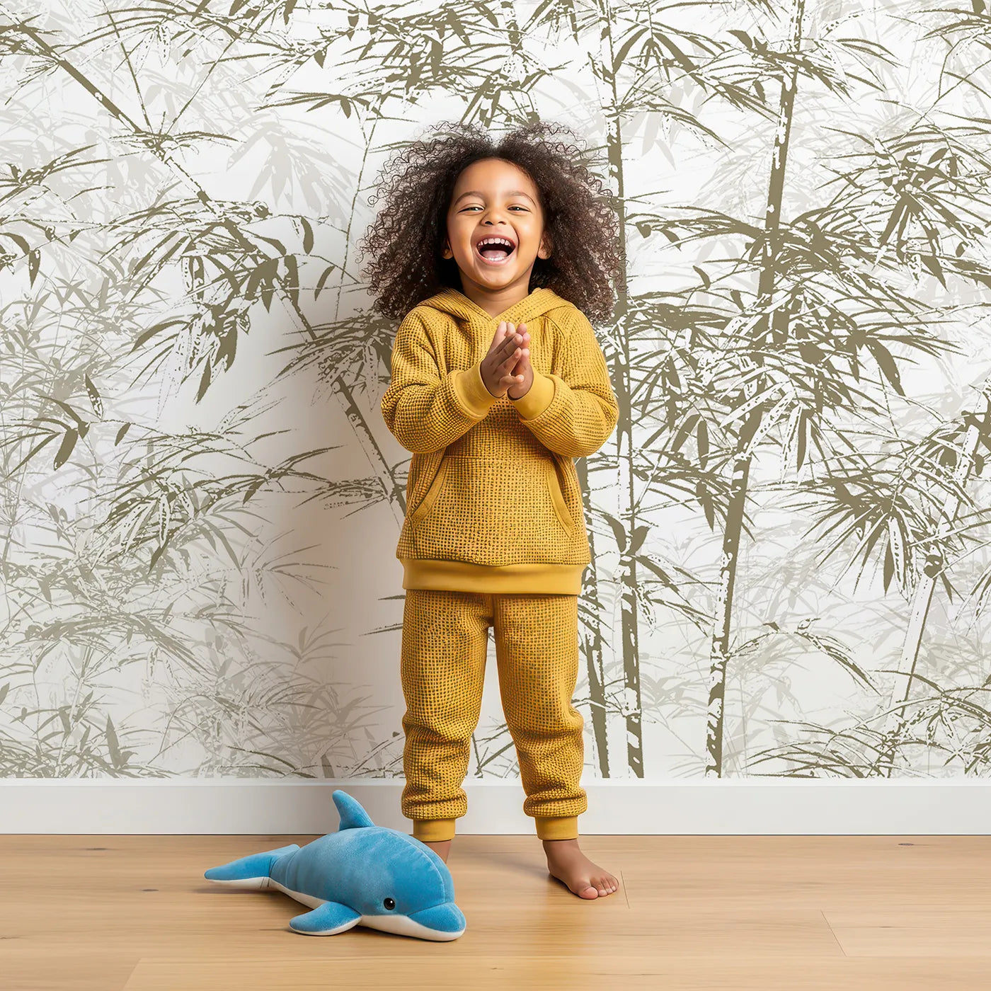 Child in front of Whimsy Tots Brown Bamboo Engraving Wall Mural with bamboo, forest, brown, engraving, line art, vintage, modern, zen in design.