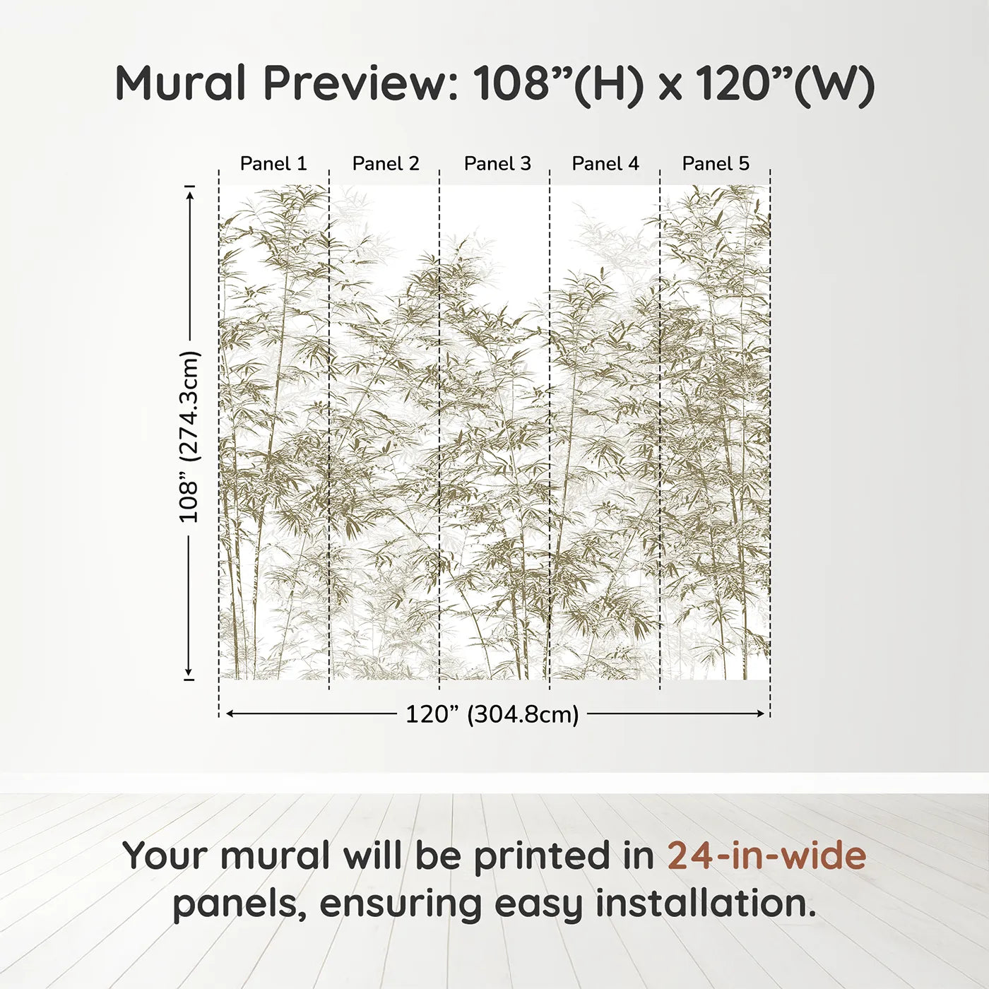 Whimsy Tots Brown Bamboo Engraving Wall Muraldimension view (108" H x 120" W). Printed in five 24-inch-wide panels. Gender-Neutral