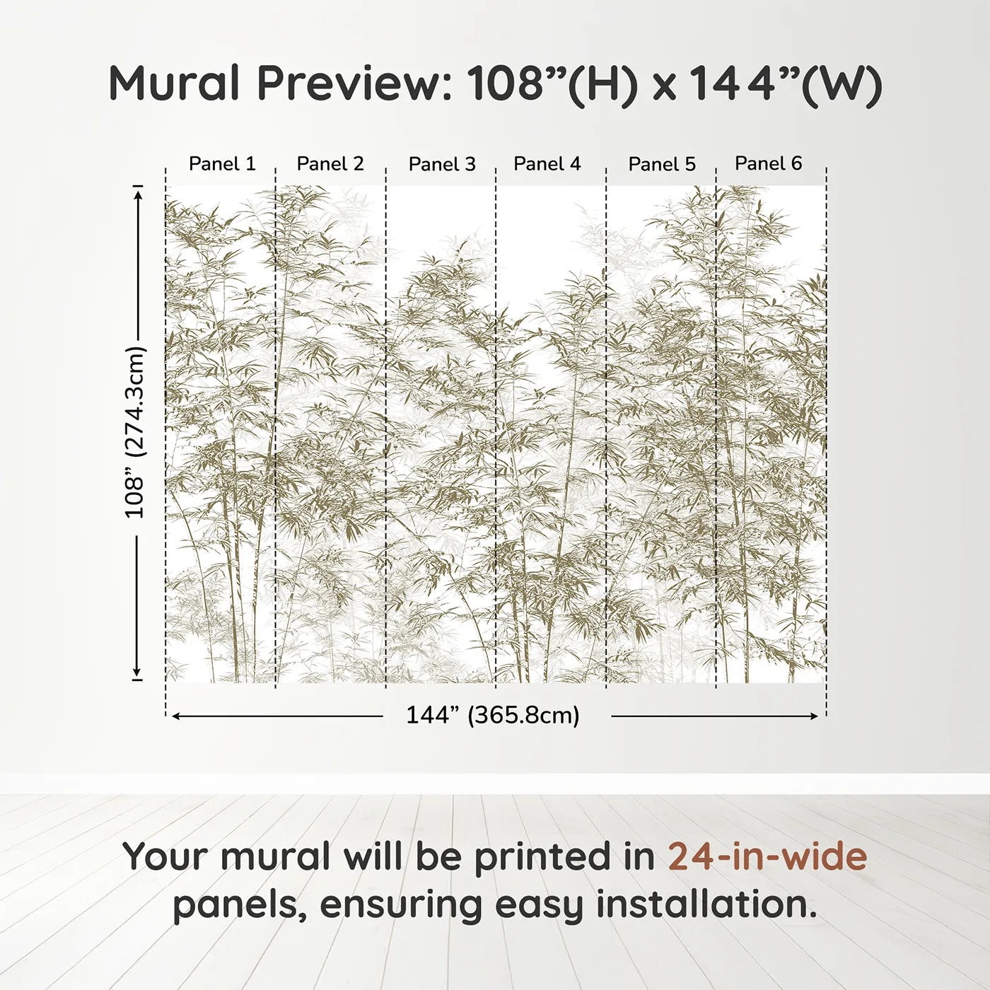 Whimsy Tots Brown Bamboo Engraving Wall Muraldimension view (108" H x 144" W). Printed in six 24-inch-wide panels. Gender-Neutral