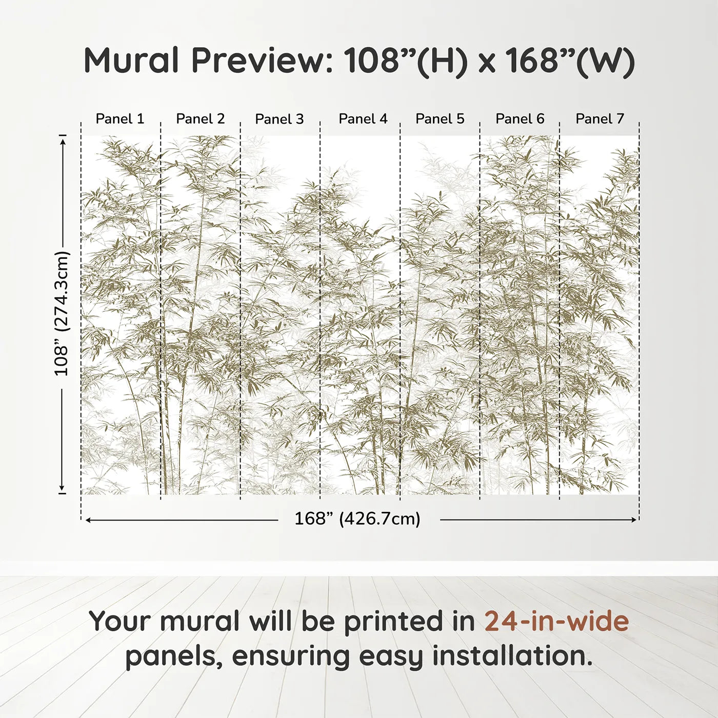 Whimsy Tots Brown Bamboo Engraving Wall Muraldimension view (108" H x 168" W). Printed in seven 24-inch-wide panels. Gender-Neutral
