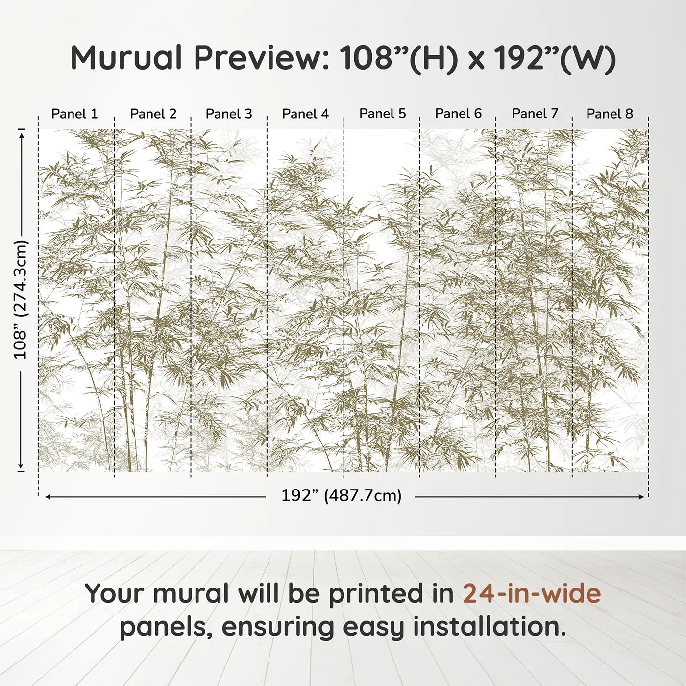 Whimsy Tots Brown Bamboo Engraving Wall Muraldimension view (108" H x 192" W). Printed in eight 24-inch-wide panels. Gender-Neutral