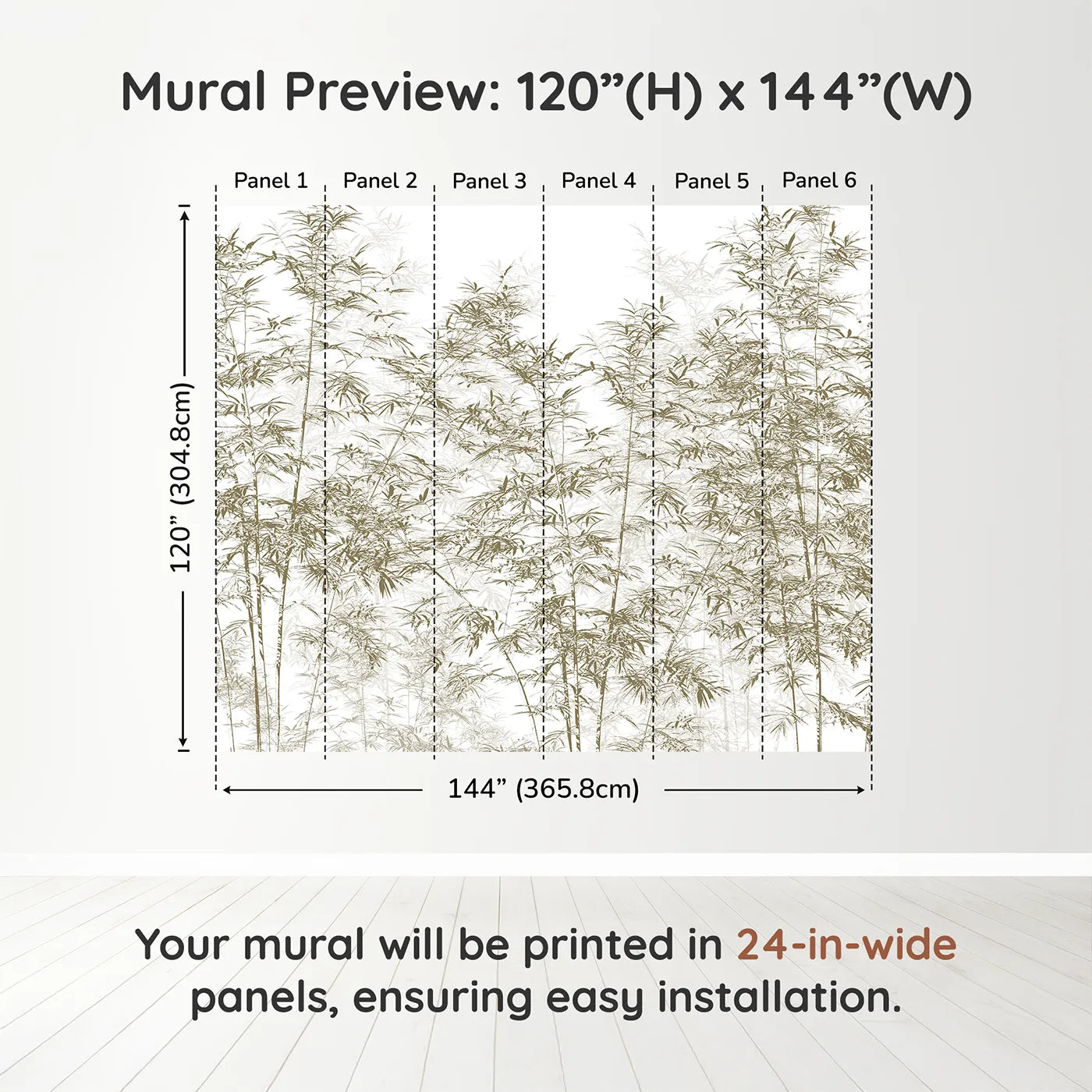 Whimsy Tots Brown Bamboo Engraving Wall Muraldimension view (120" H x 144" W). Printed in six 24-inch-wide panels. Gender-Neutral