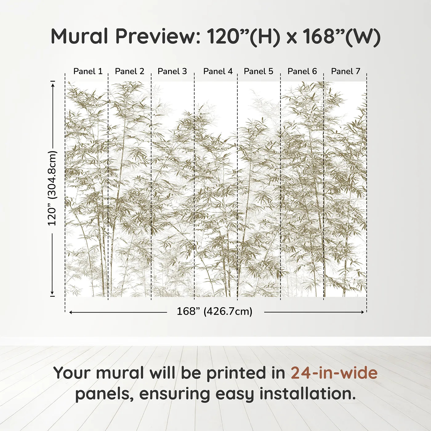 Whimsy Tots Brown Bamboo Engraving Wall Muraldimension view (120" H x 168" W). Printed in seven 24-inch-wide panels. Gender-Neutral