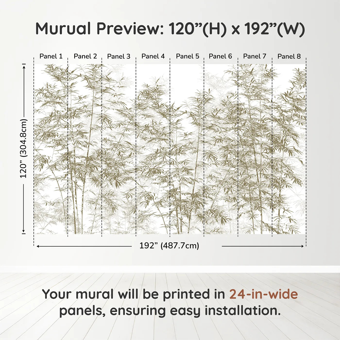 Whimsy Tots Brown Bamboo Engraving Wall Muraldimension view (120" H x 192" W). Printed in eight 24-inch-wide panels. Gender-Neutral