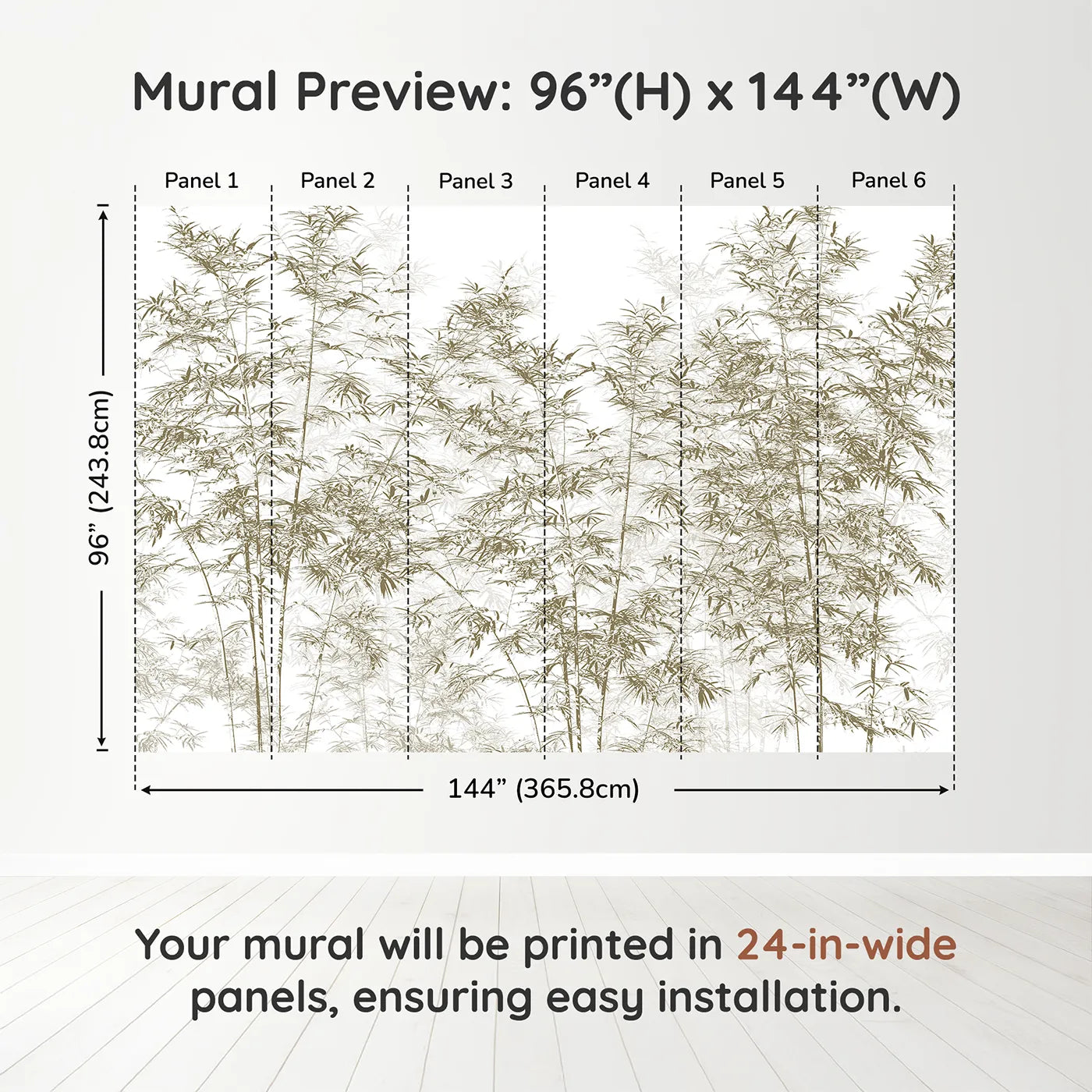 Whimsy Tots Brown Bamboo Engraving Wall Muraldimension view (96" H x 144" W). Printed in six 24-inch-wide panels. Gender-Neutral