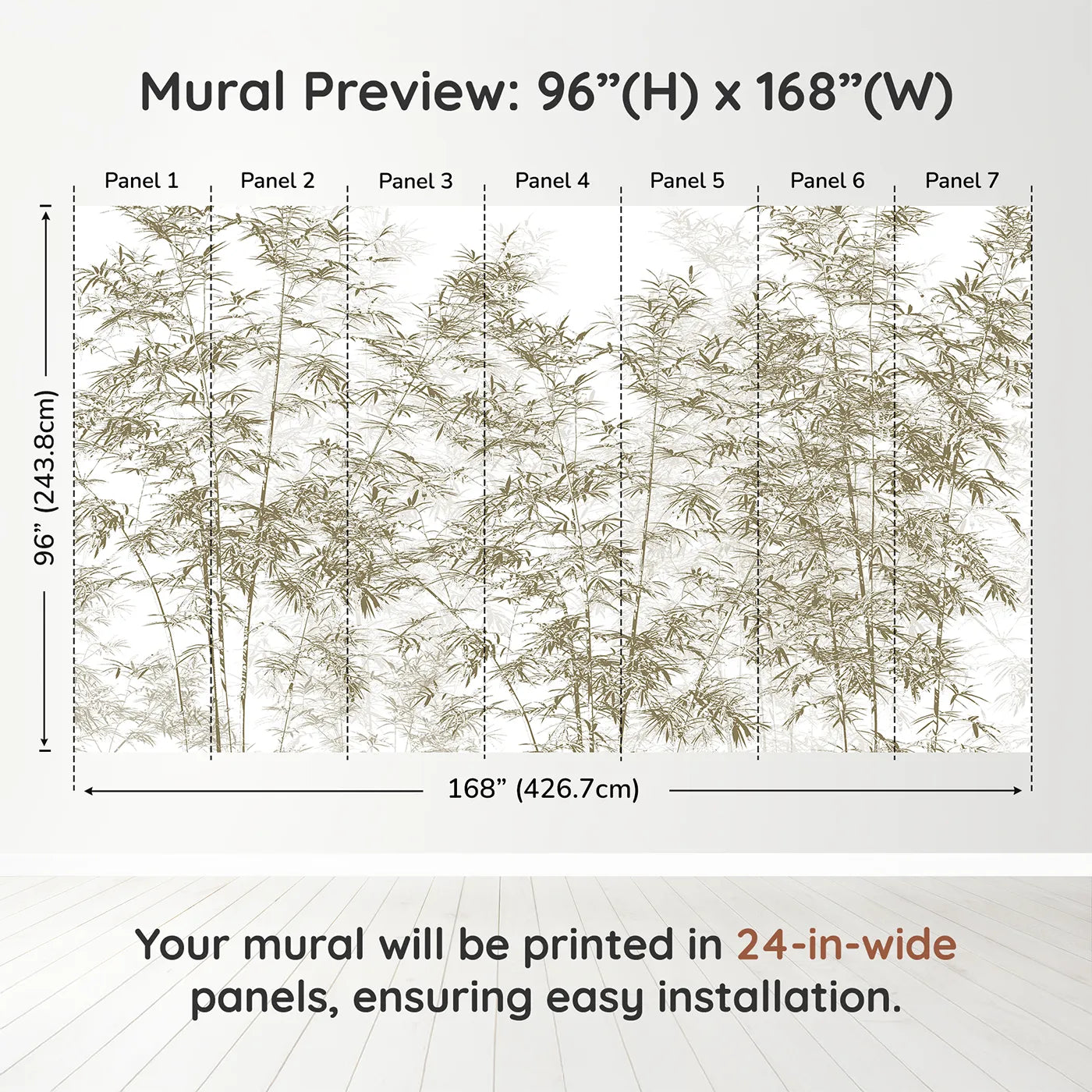 Whimsy Tots Brown Bamboo Engraving Wall Muraldimension view (96" H x 168" W). Printed in seven 24-inch-wide panels. Gender-Neutral