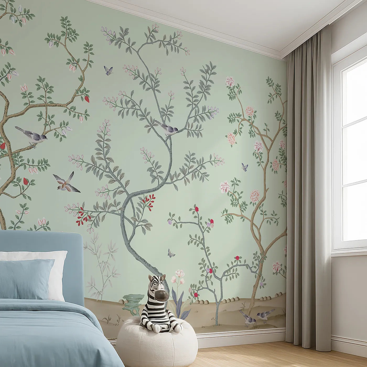 Angled view of Whimsy Tots' Classic Chinoiserie Garden Wall Mural (Turn Their Room into an Elegant, Hand-Painted Paradise).Gender-Neutral