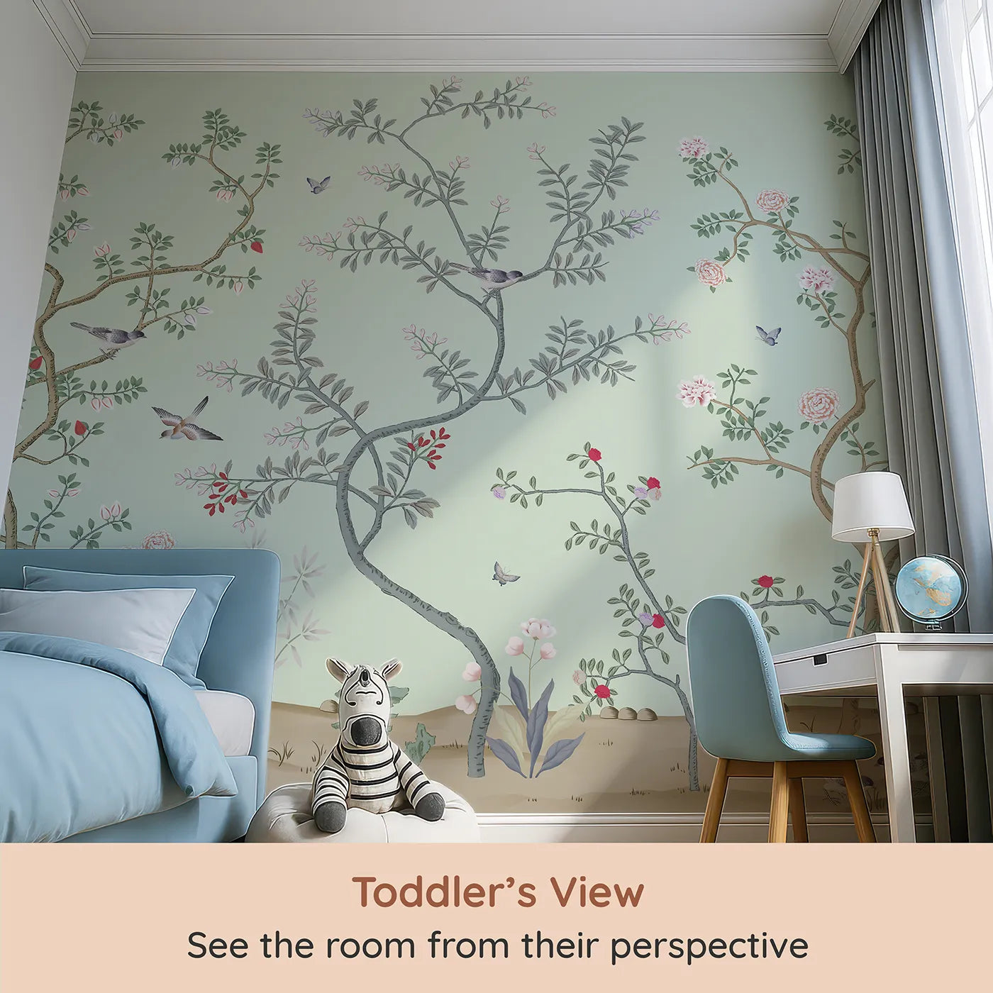 Whimsy Tots Classic Chinoiserie Garden Wall Mural (Turn Their Room into an Elegant, Hand-Painted Paradise) from your child's view.Gender-Neutral
