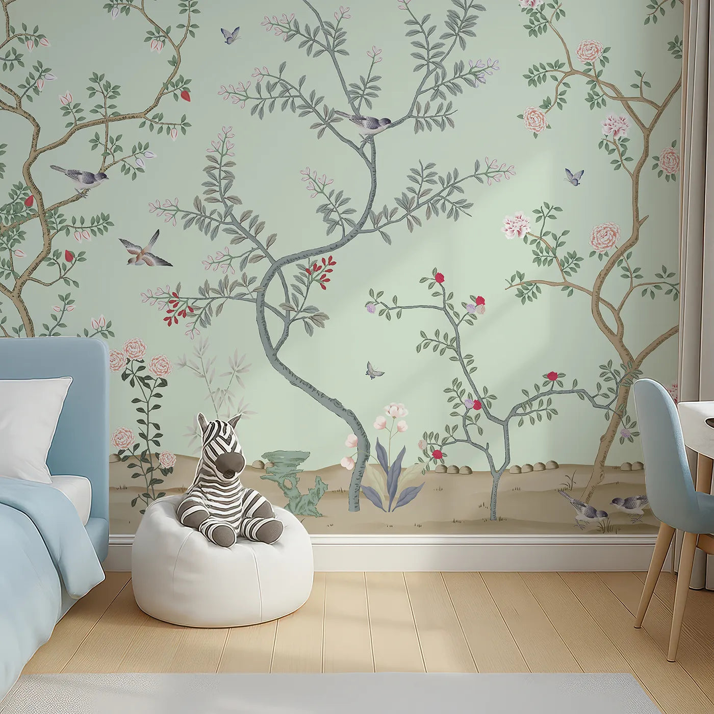 Top-down view of Whimsy Tots' Classic Chinoiserie Garden Wall Mural (Turn Their Room into an Elegant, Hand-Painted Paradise).Gender-Neutral