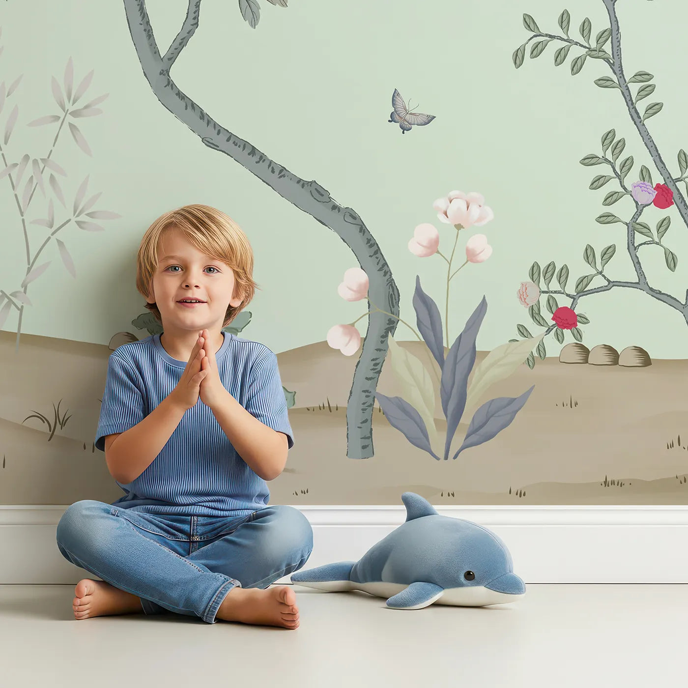 Child in front of Whimsy Tots Classic Chinoiserie Garden Wall Mural with chinoiserie, vintage, floral, flower, bird, tree, green, classic in design.