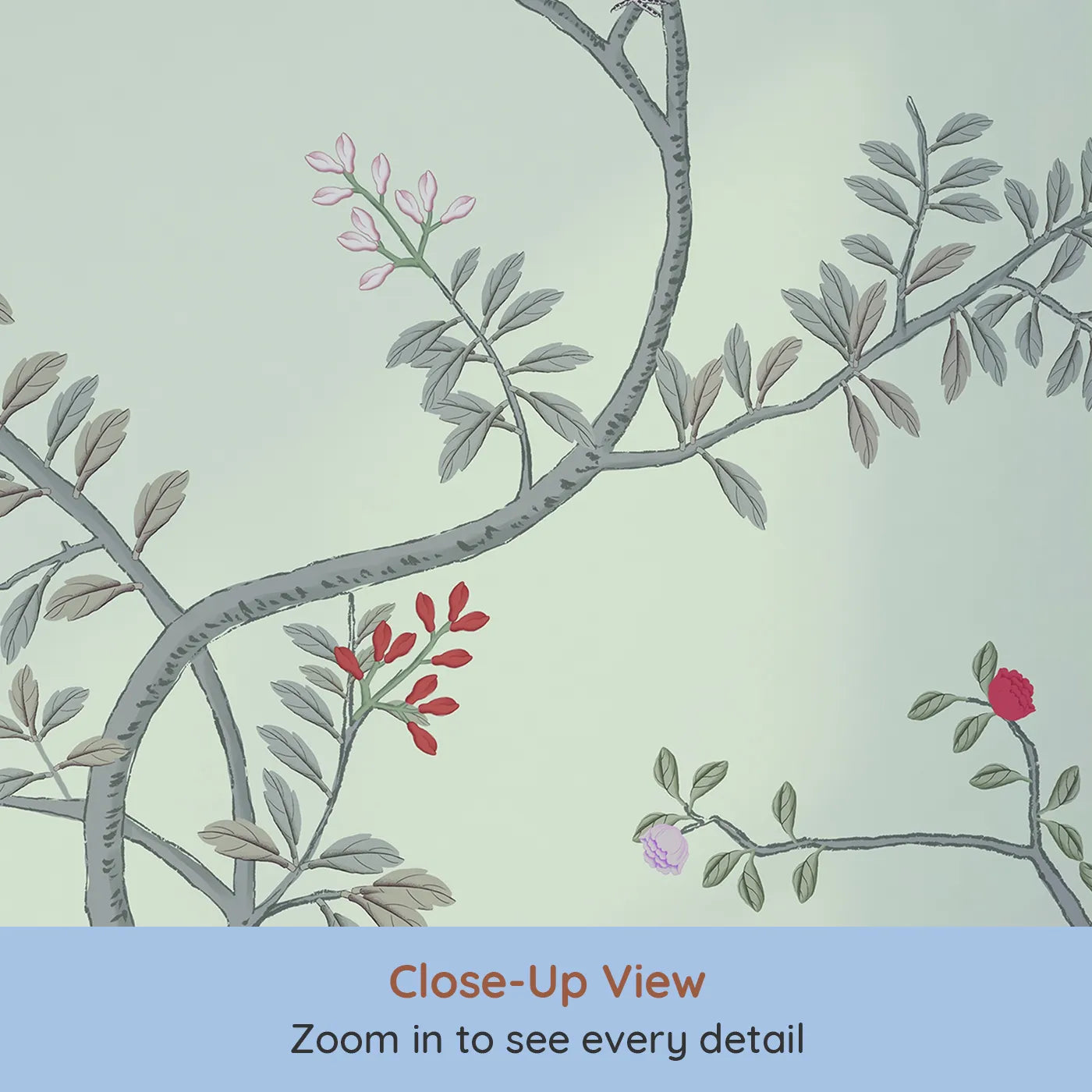 Close-up view of Whimsy Tots' Classic Chinoiserie Garden Wall Mural (Turn Their Room into an Elegant, Hand-Painted Paradise).Gender-Neutral