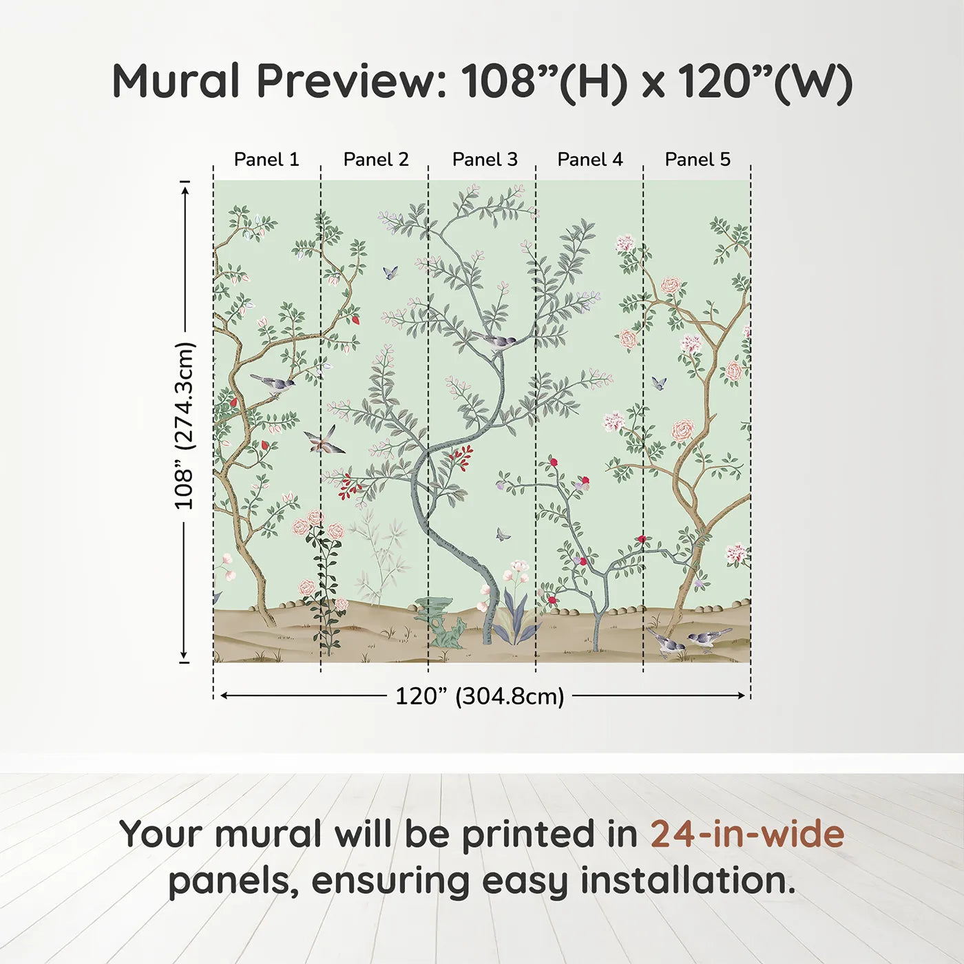 Whimsy Tots Classic Chinoiserie Garden Wall Muraldimension view (108" H x 120" W). Printed in five 24-inch-wide panels. Gender-Neutral