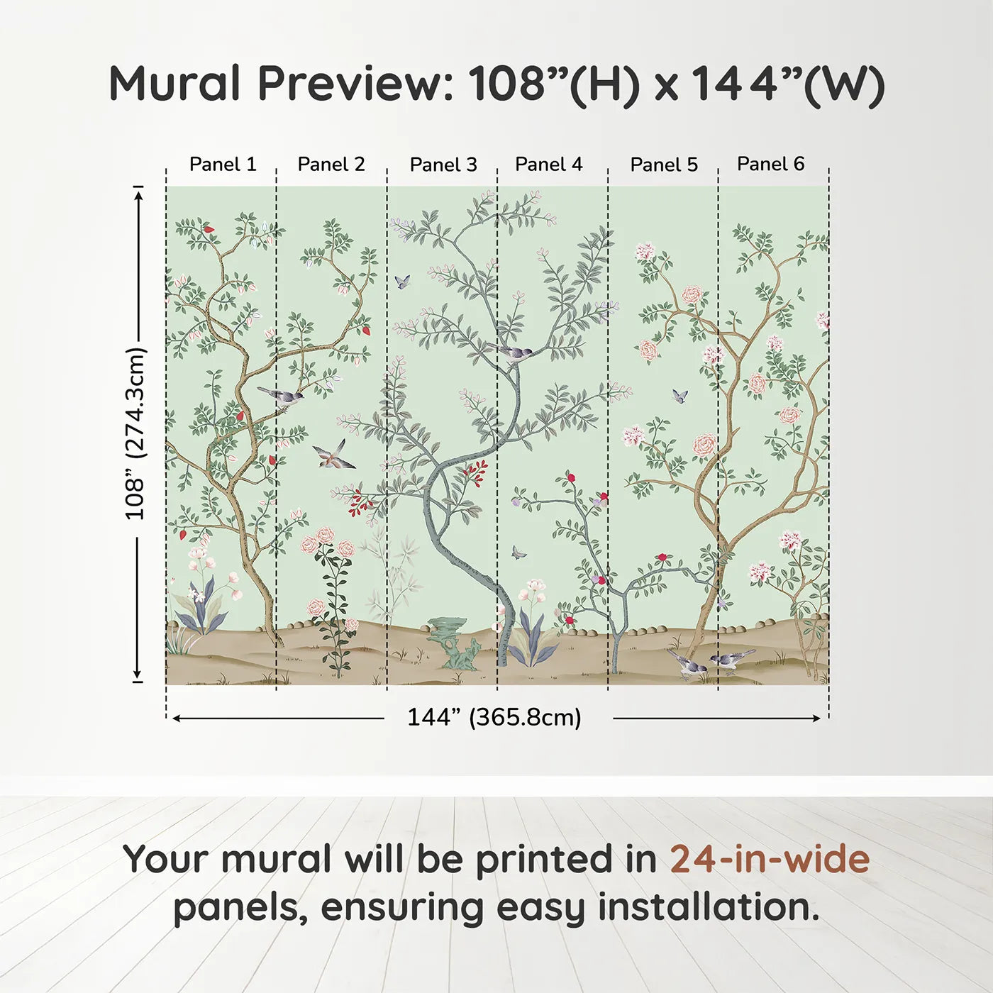 Whimsy Tots Classic Chinoiserie Garden Wall Muraldimension view (108" H x 144" W). Printed in six 24-inch-wide panels. Gender-Neutral