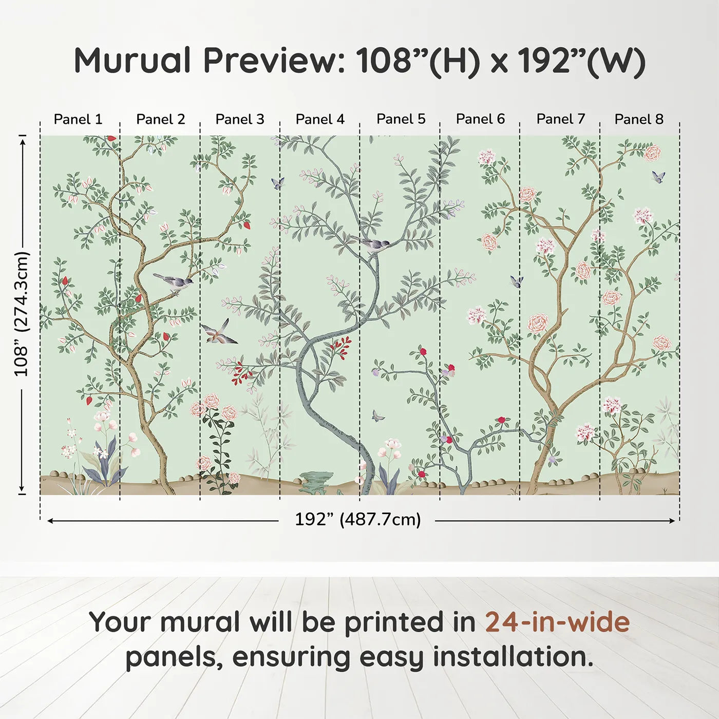 Whimsy Tots Classic Chinoiserie Garden Wall Muraldimension view (108" H x 192" W). Printed in eight 24-inch-wide panels. Gender-Neutral