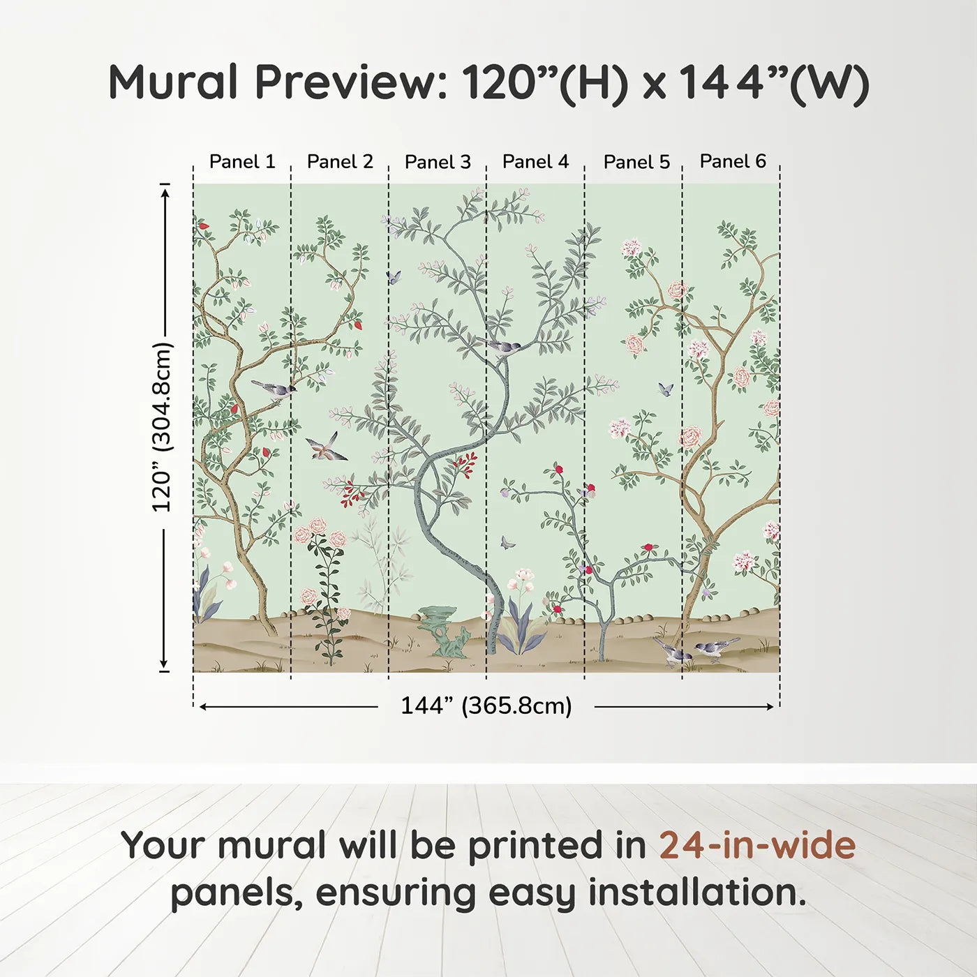 Whimsy Tots Classic Chinoiserie Garden Wall Muraldimension view (120" H x 144" W). Printed in six 24-inch-wide panels. Gender-Neutral
