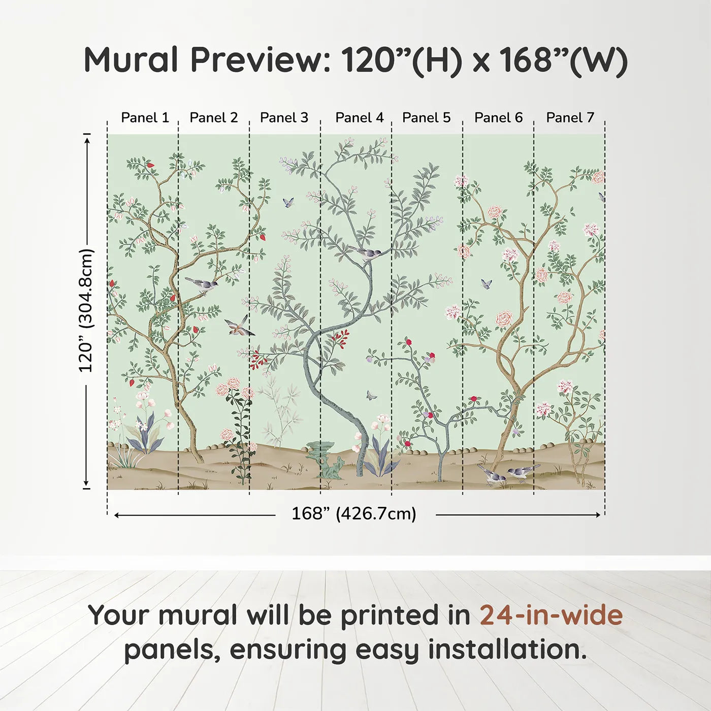 Whimsy Tots Classic Chinoiserie Garden Wall Muraldimension view (120" H x 168" W). Printed in seven 24-inch-wide panels. Gender-Neutral