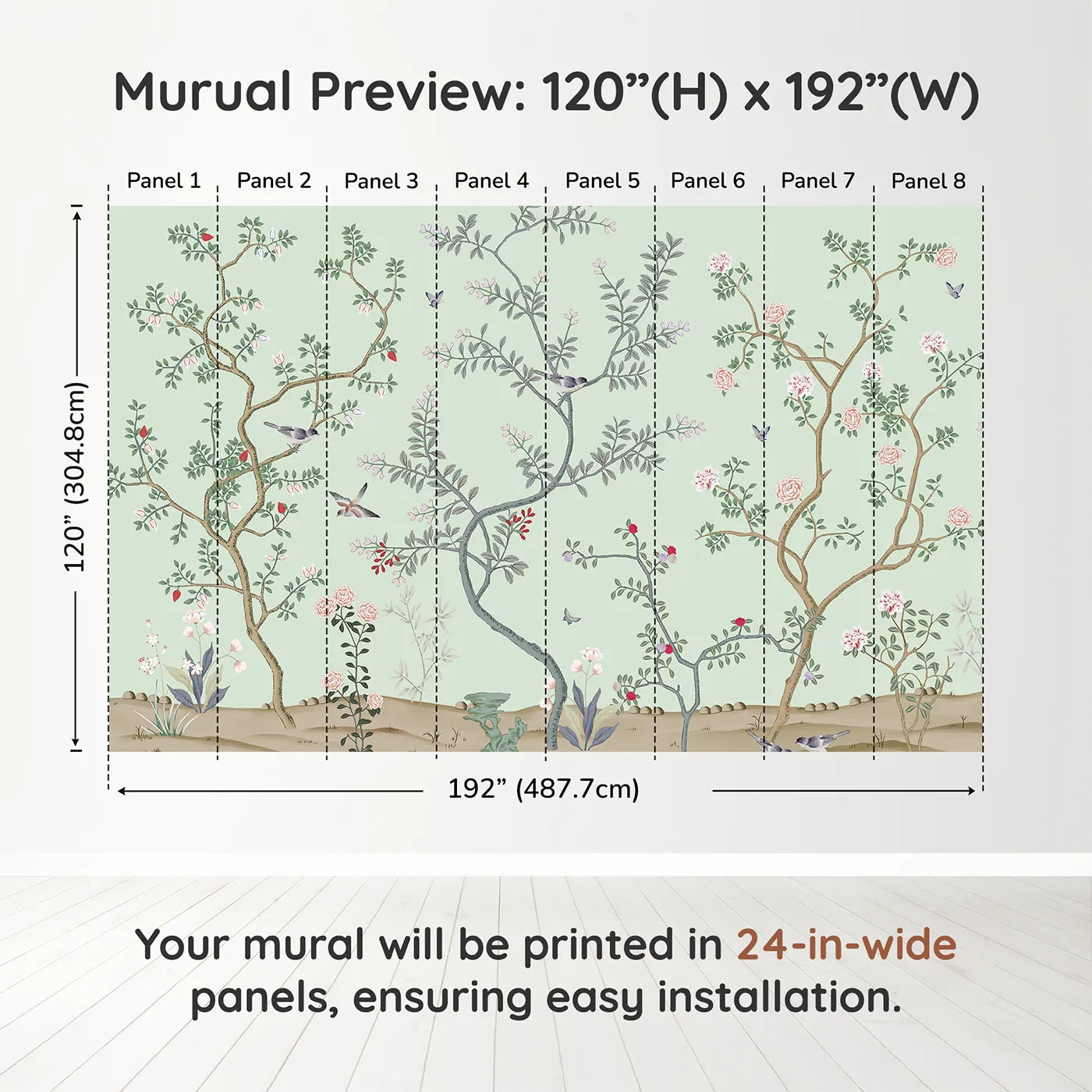 Whimsy Tots Classic Chinoiserie Garden Wall Muraldimension view (120" H x 192" W). Printed in eight 24-inch-wide panels. Gender-Neutral