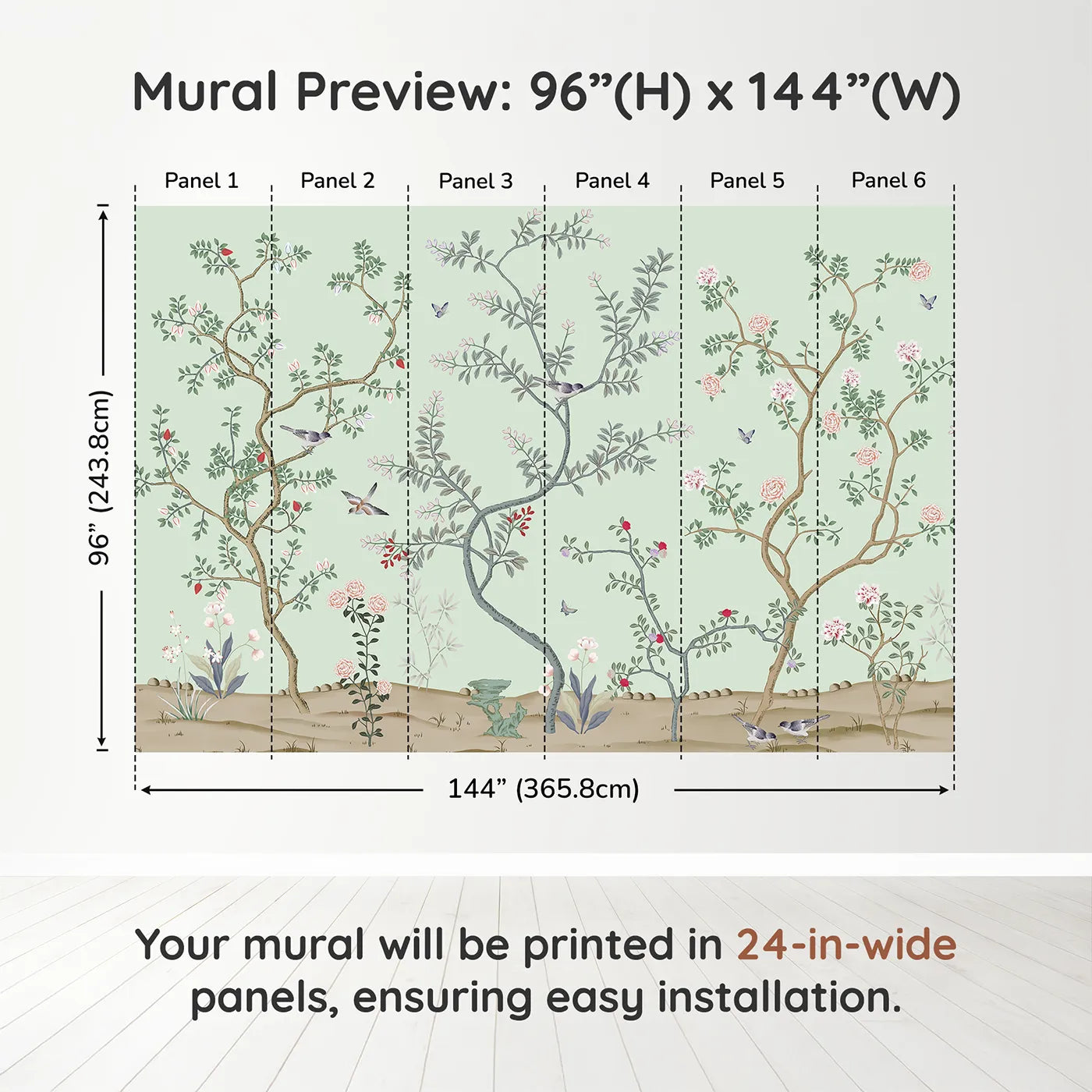 Whimsy Tots Classic Chinoiserie Garden Wall Muraldimension view (96" H x 144" W). Printed in six 24-inch-wide panels. Gender-Neutral