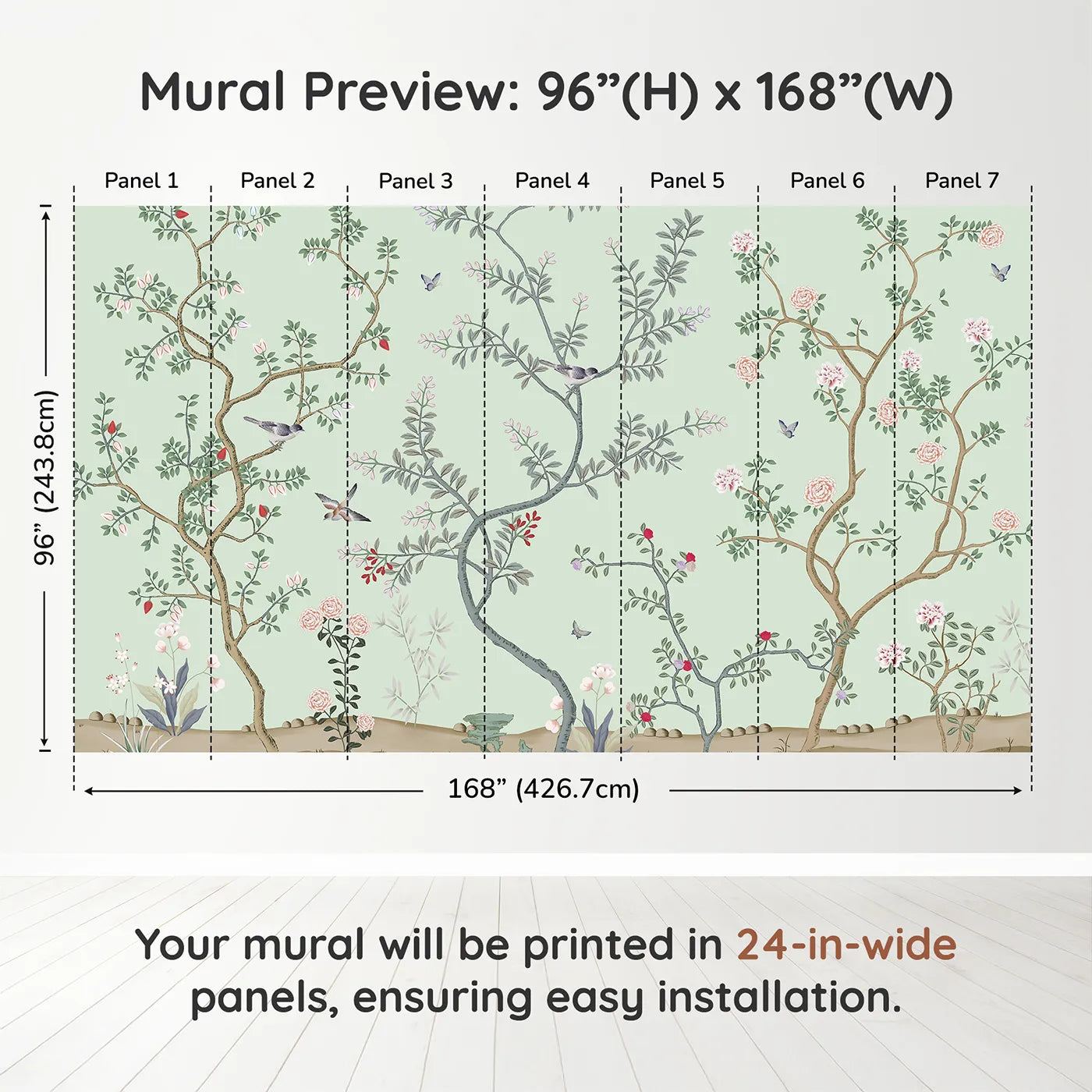Whimsy Tots Classic Chinoiserie Garden Wall Muraldimension view (96" H x 168" W). Printed in seven 24-inch-wide panels. Gender-Neutral