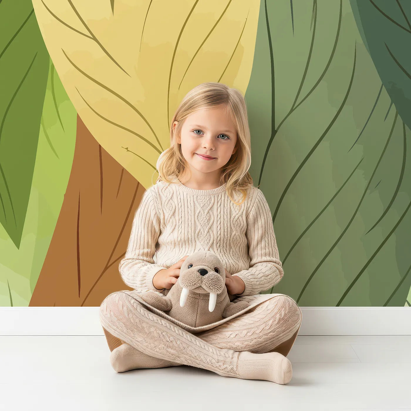 Child in front of Whimsy Tots Autumn Leaves Pattern Wall Mural with leaf, autumn, pattern, green, brown, yellow, modern, nature in design.
