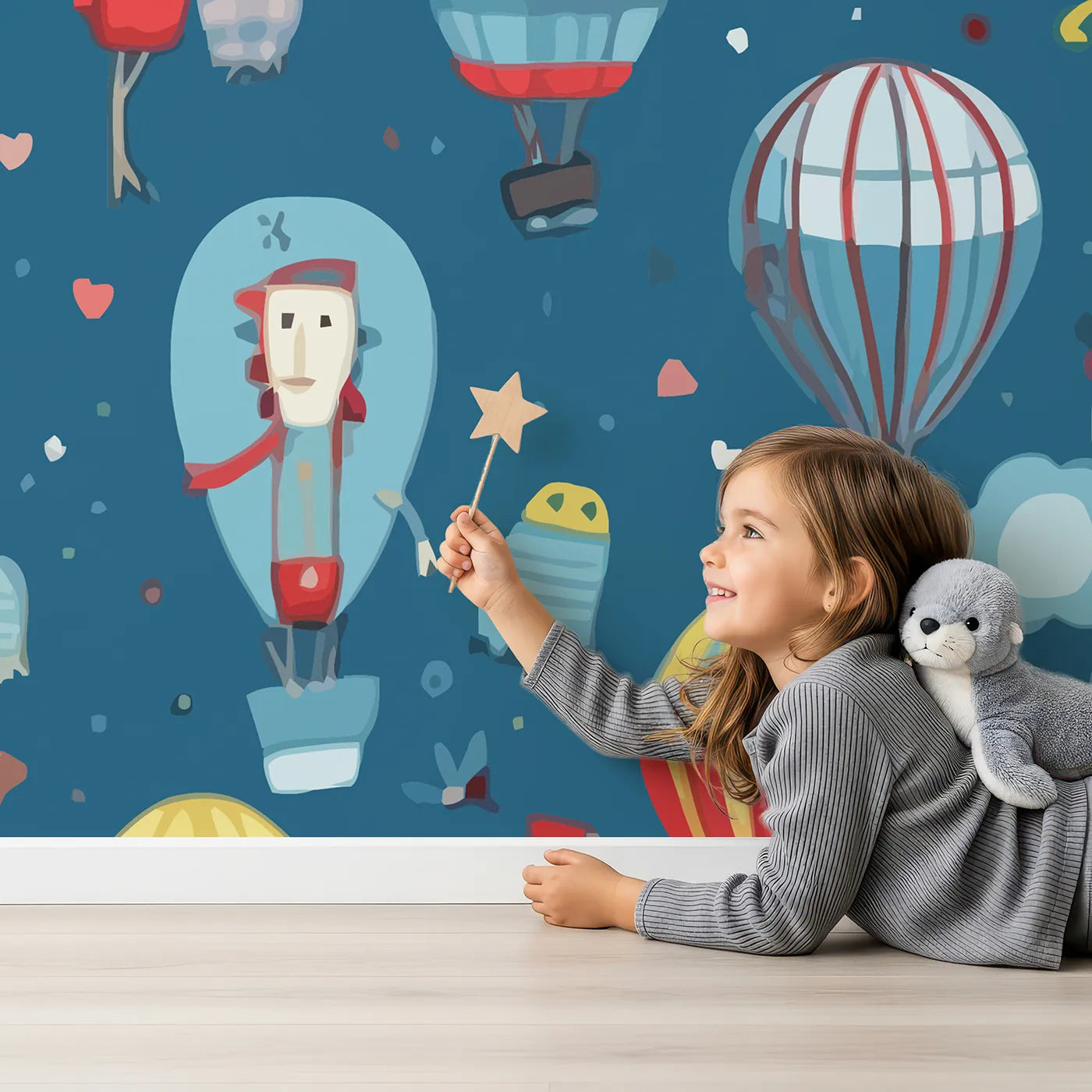 Child in front of Whimsy Tots Hot Air Balloon Festival Wall Mural with hot air balloon, balloon, sky, cartoon, colorful, pattern, festival, whimsical in design.