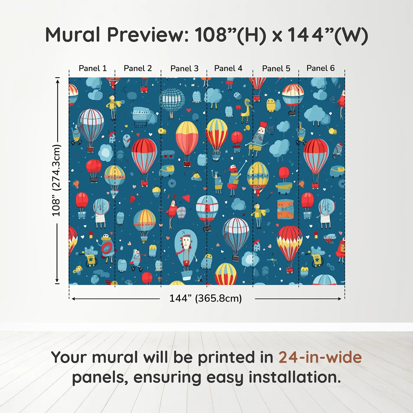 Whimsy Tots Hot Air Balloon Festival Wall Muraldimension view (108" H x 144" W). Printed in six 24-inch-wide panels. Gender-Neutral