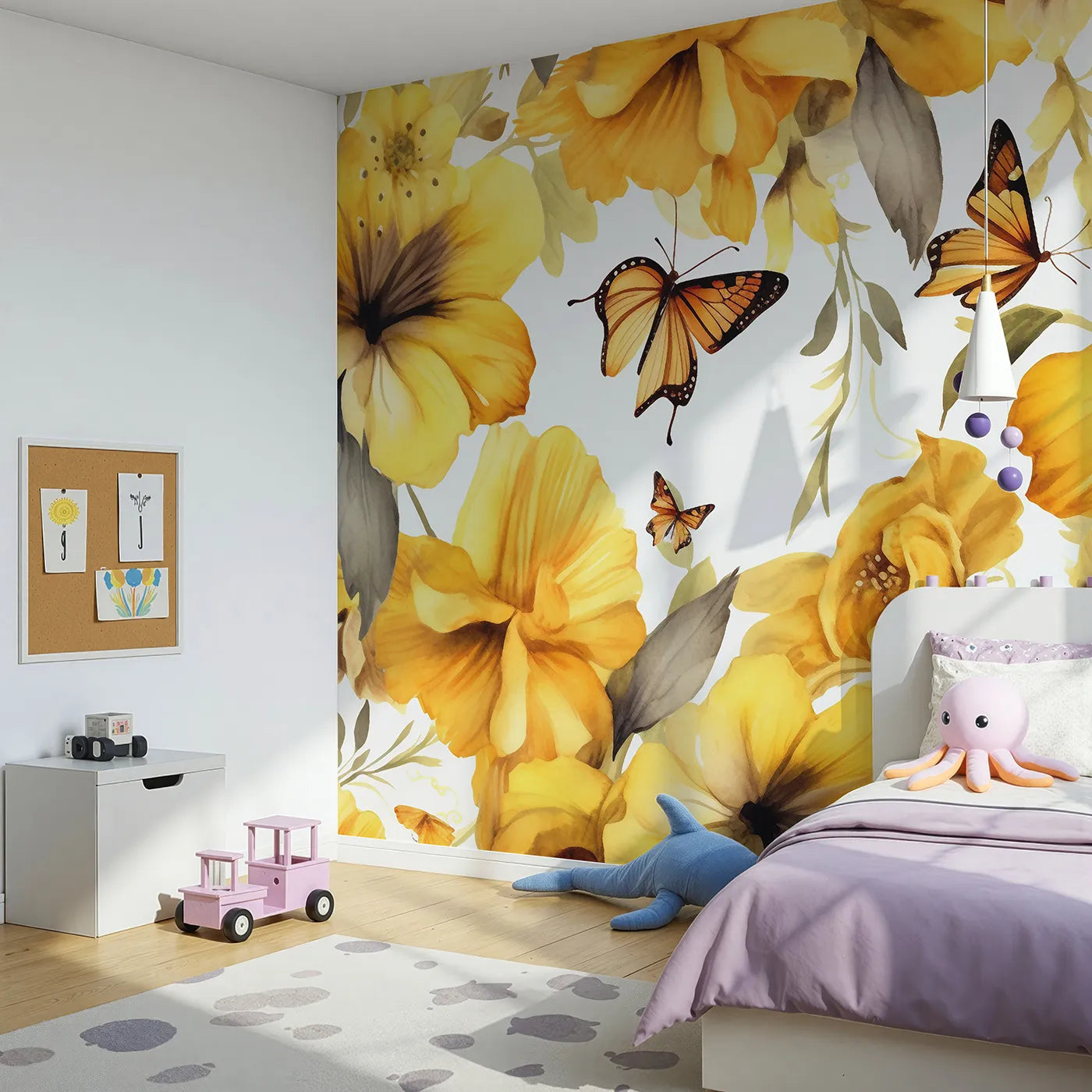 Angled view of Whimsy Tots' Golden Butterfly Garden Wall Mural (Turn Their Room into a Sun-Drenched Field of Golden Flowers).Gender-Neutral