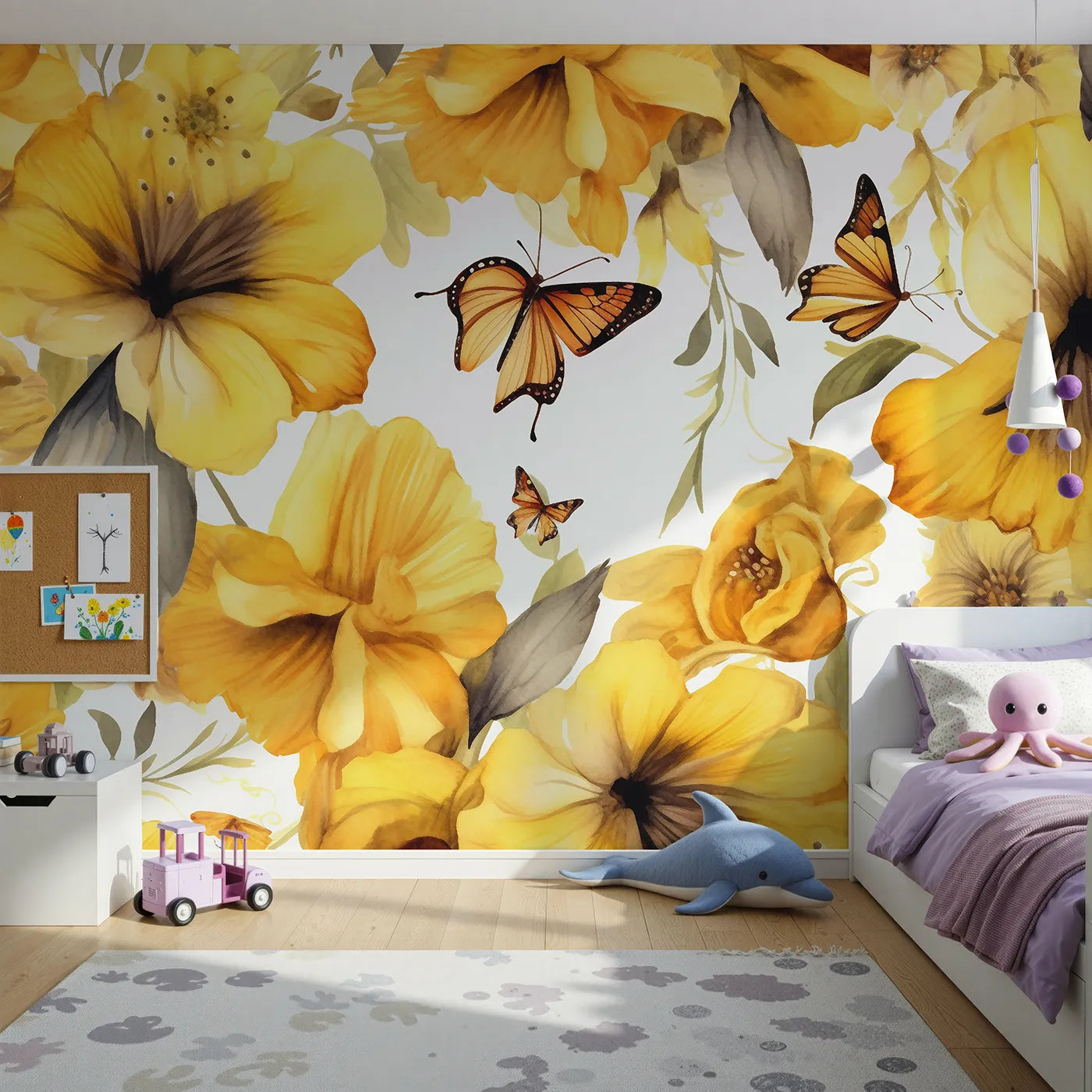 Front view of Whimsy Tots' Golden Butterfly Garden Wall Mural