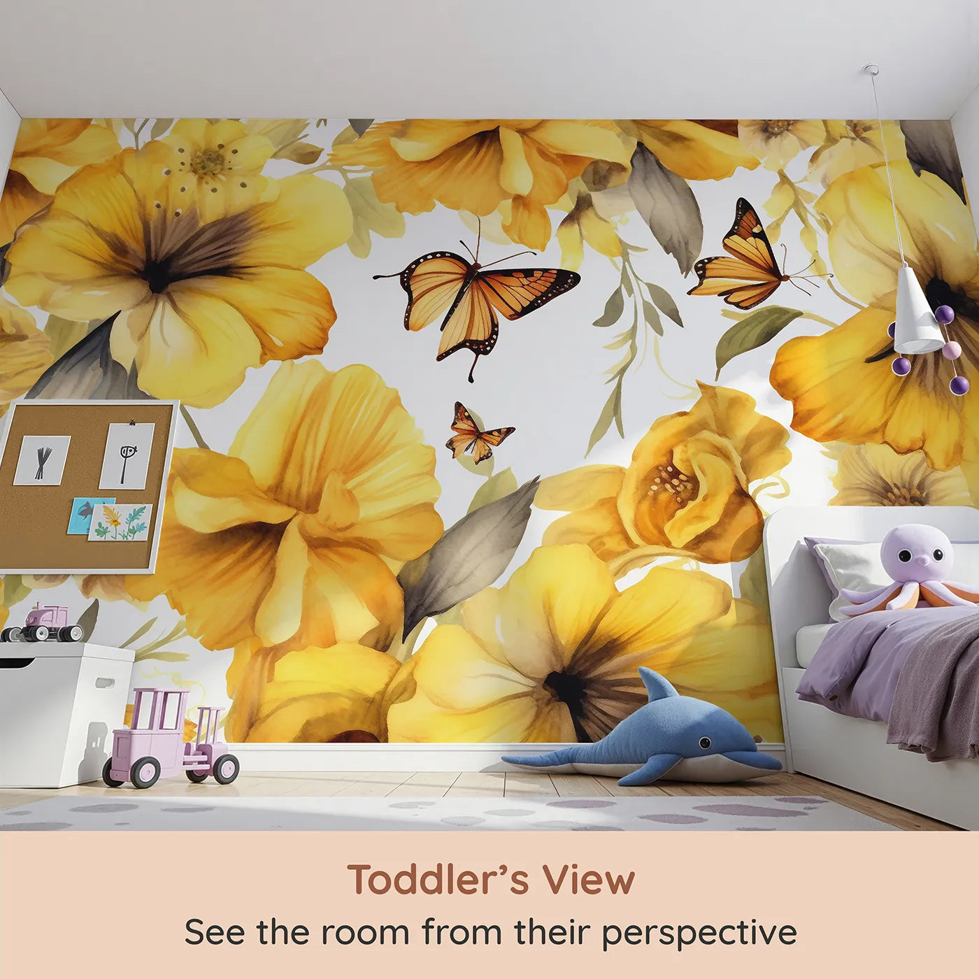 Whimsy Tots Golden Butterfly Garden Wall Mural (Turn Their Room into a Sun-Drenched Field of Golden Flowers) from your child's view.Gender-Neutral