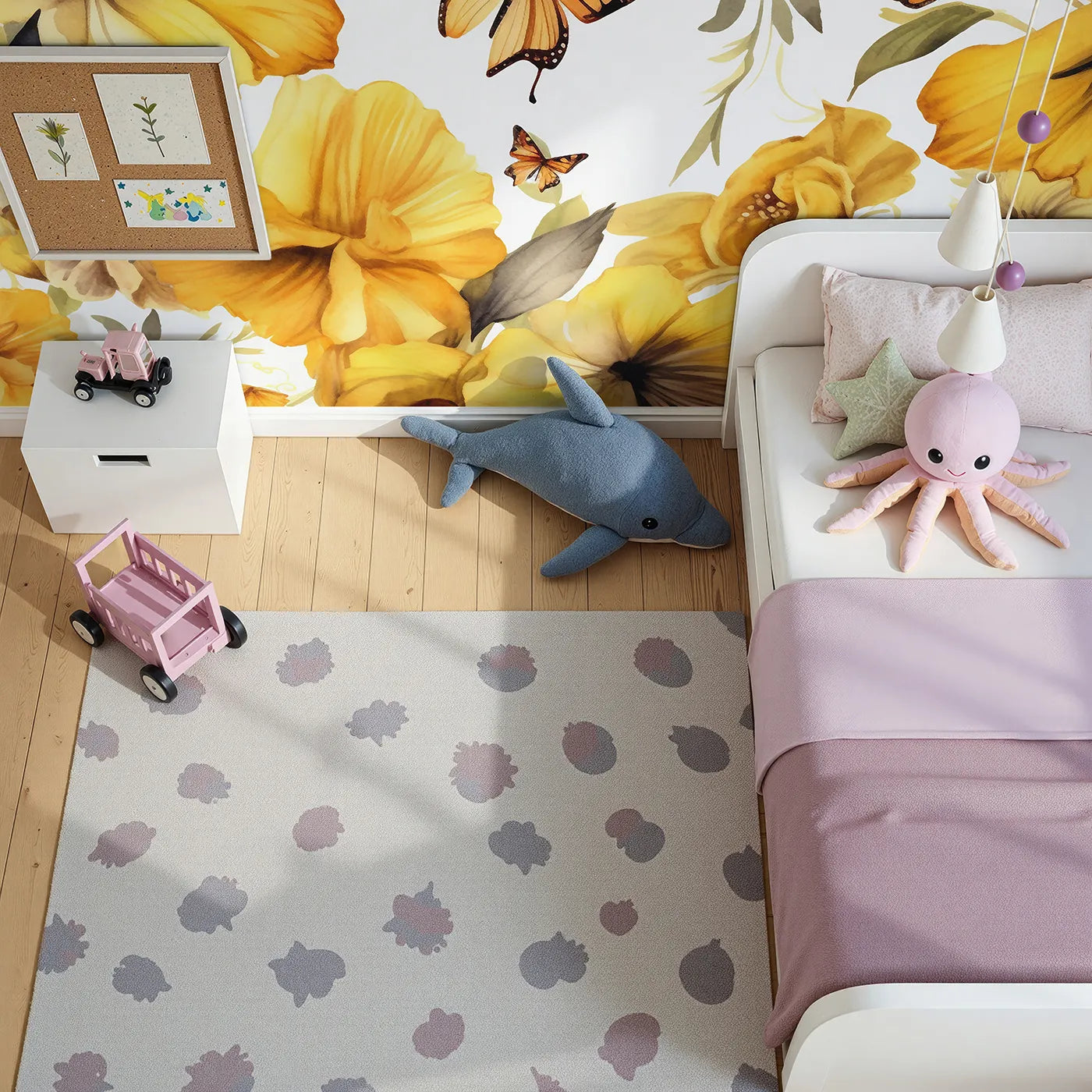 Top-down view of Whimsy Tots' Golden Butterfly Garden Wall Mural (Turn Their Room into a Sun-Drenched Field of Golden Flowers).Gender-Neutral