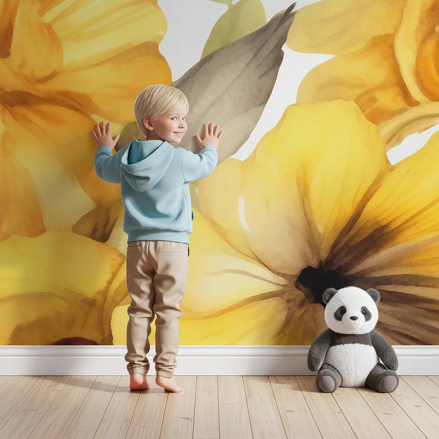 Child in front of Whimsy Tots Golden Butterfly Garden Wall Mural with butterfly, flower, yellow, watercolor, floral, monarch, golden, vibrant in design.
