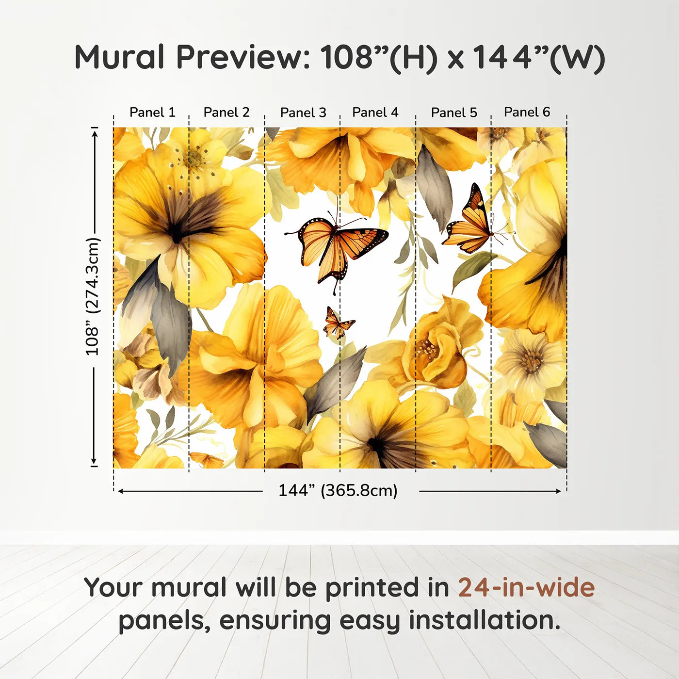 Whimsy Tots Golden Butterfly Garden Wall Muraldimension view (108" H x 144" W). Printed in six 24-inch-wide panels. Gender-Neutral