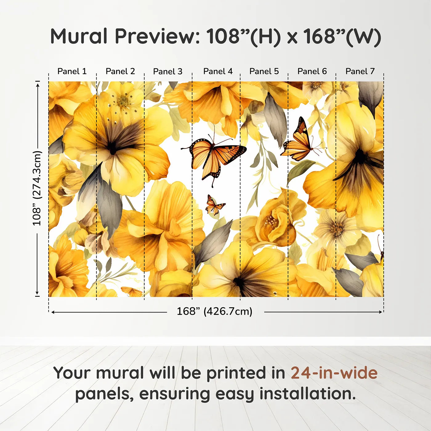 Whimsy Tots Golden Butterfly Garden Wall Muraldimension view (108" H x 168" W). Printed in seven 24-inch-wide panels. Gender-Neutral