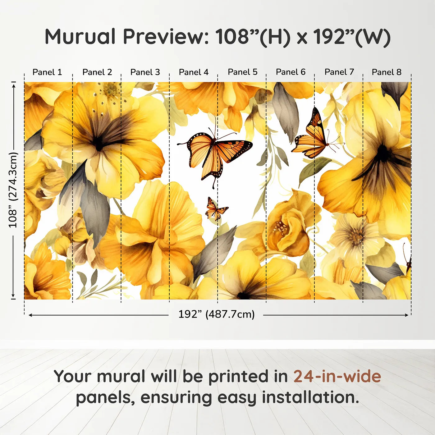 Whimsy Tots Golden Butterfly Garden Wall Muraldimension view (108" H x 192" W). Printed in eight 24-inch-wide panels. Gender-Neutral
