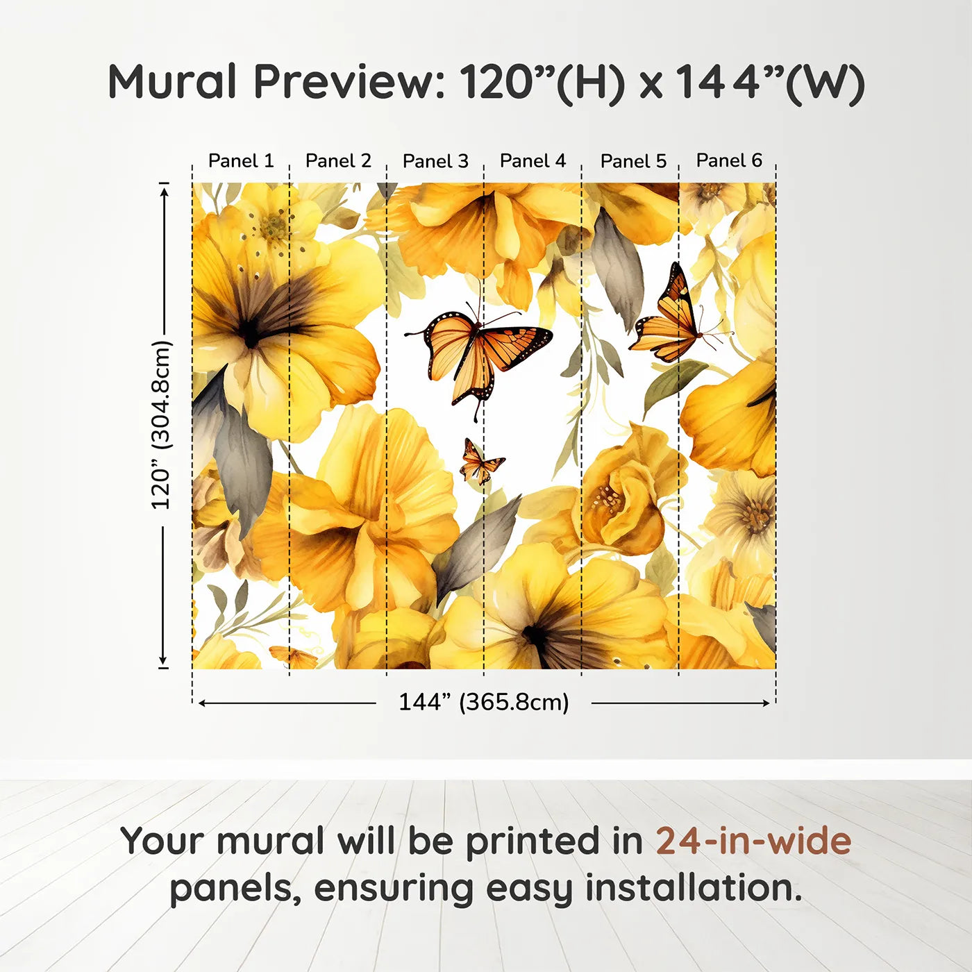 Whimsy Tots Golden Butterfly Garden Wall Muraldimension view (120" H x 144" W). Printed in six 24-inch-wide panels. Gender-Neutral