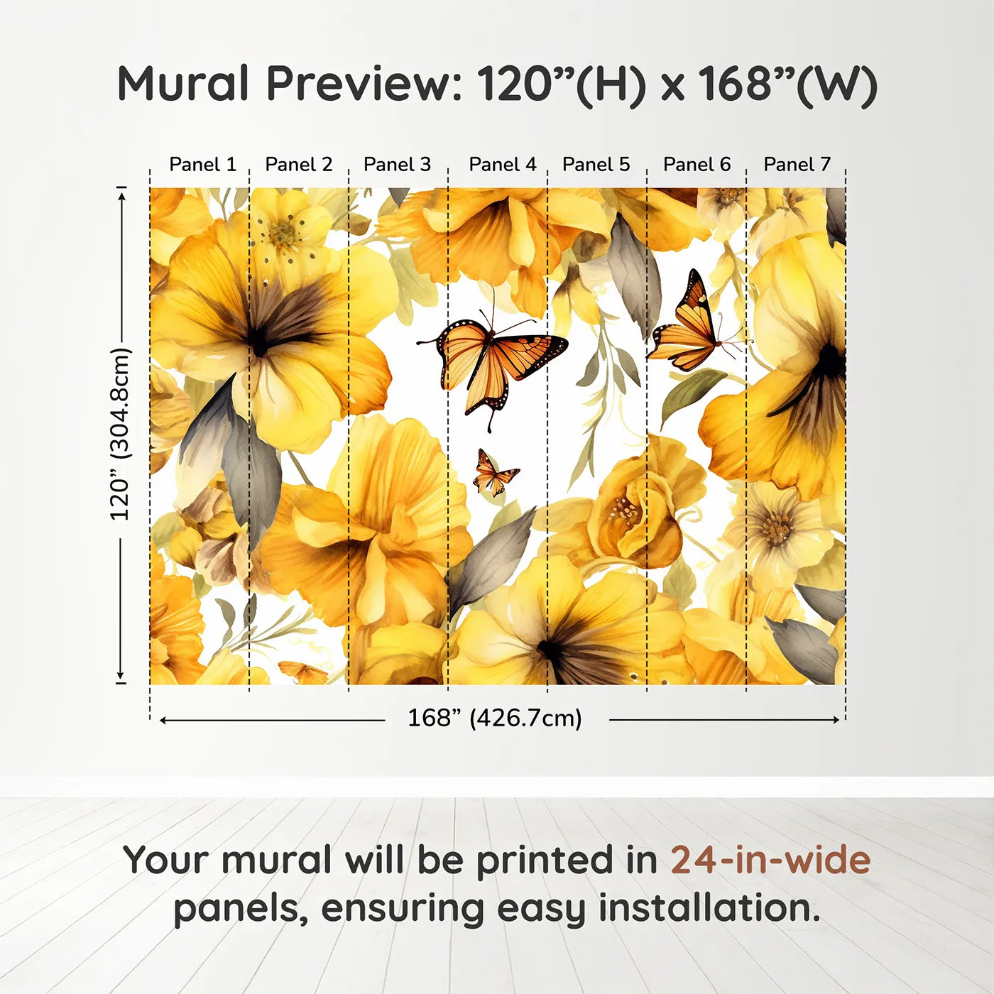 Whimsy Tots Golden Butterfly Garden Wall Muraldimension view (120" H x 168" W). Printed in seven 24-inch-wide panels. Gender-Neutral