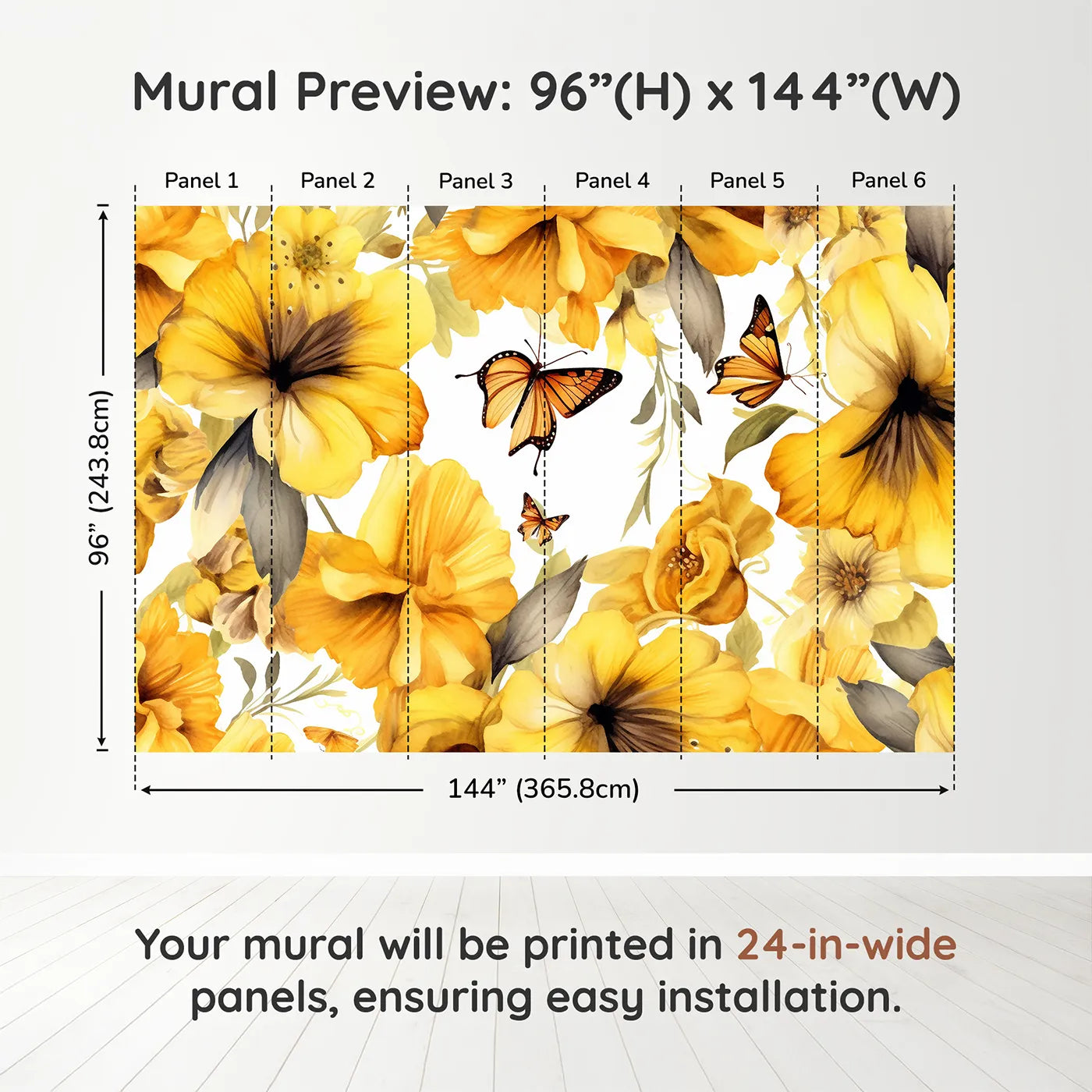 Whimsy Tots Golden Butterfly Garden Wall Muraldimension view (96" H x 144" W). Printed in six 24-inch-wide panels. Gender-Neutral