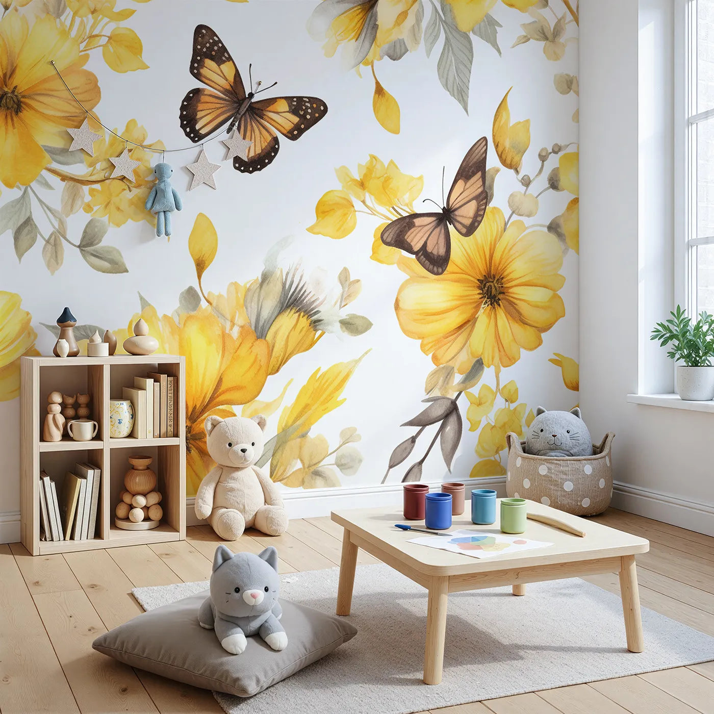 Angled view of Whimsy Tots' Yellow Butterfly Meadow Wall Mural (Turn Their Room into a Gentle, Sunlit Garden).Gender-Neutral