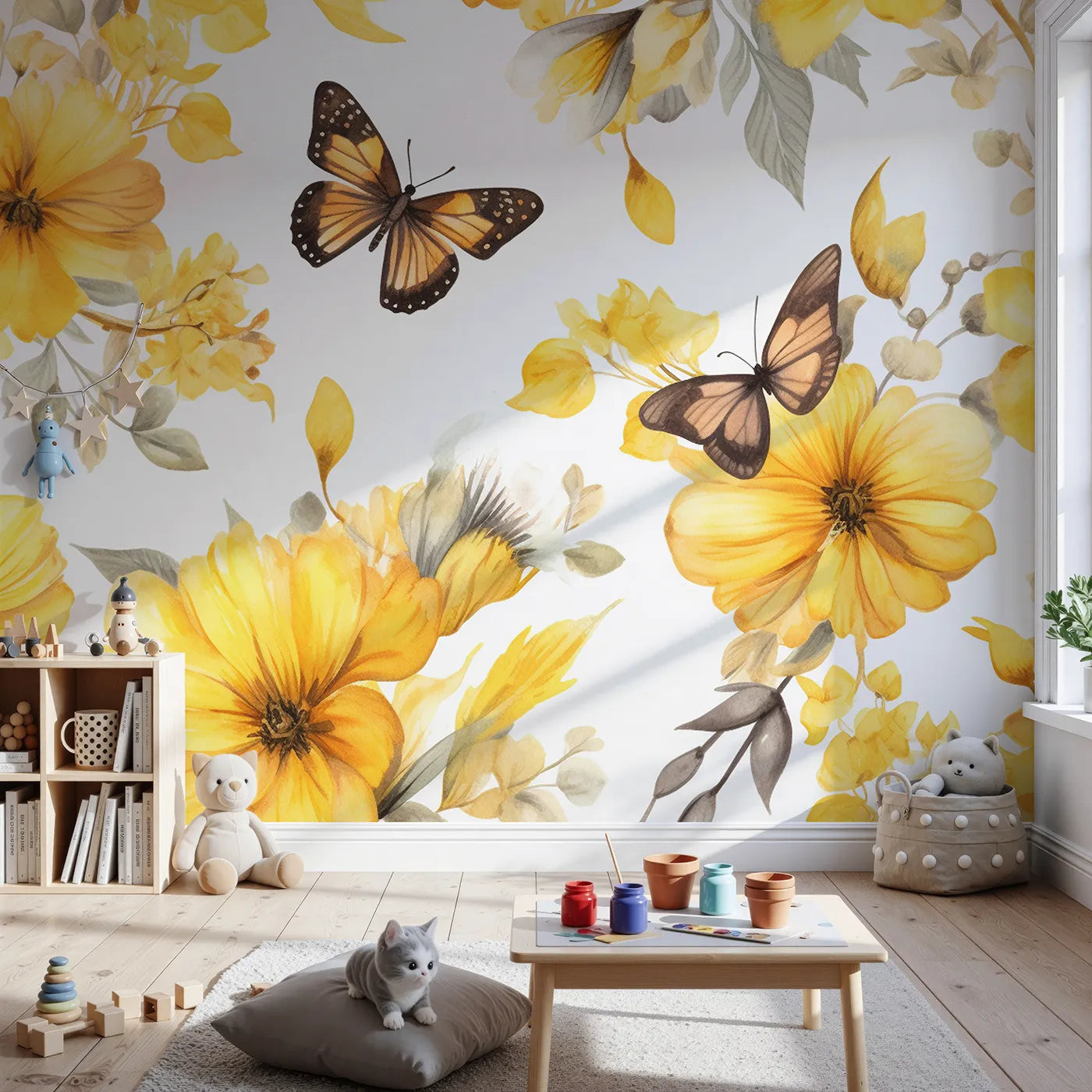 Front view of Whimsy Tots' Yellow Butterfly Meadow Wall Mural