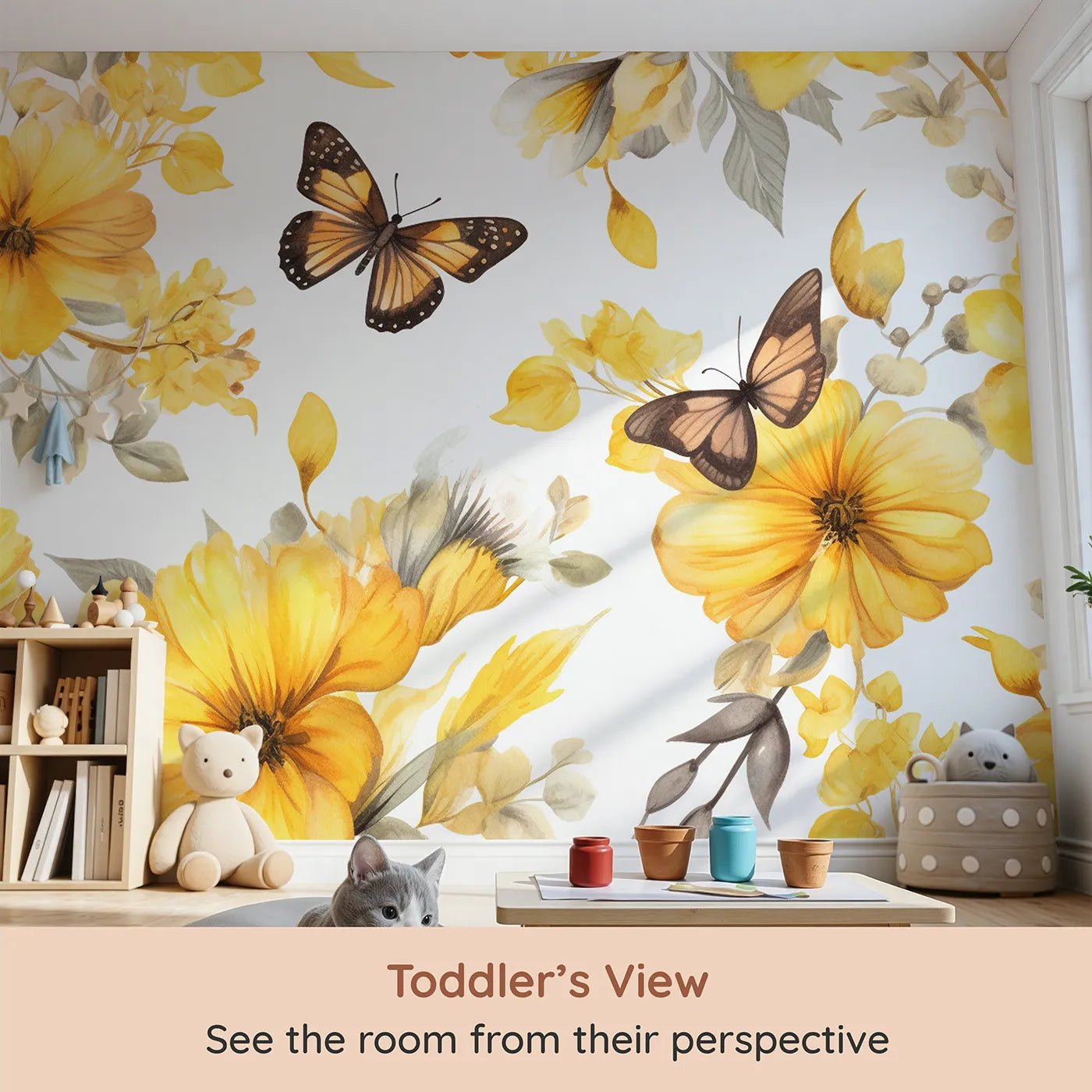 Whimsy Tots Yellow Butterfly Meadow Wall Mural (Turn Their Room into a Gentle, Sunlit Garden) from your child's view.Gender-Neutral