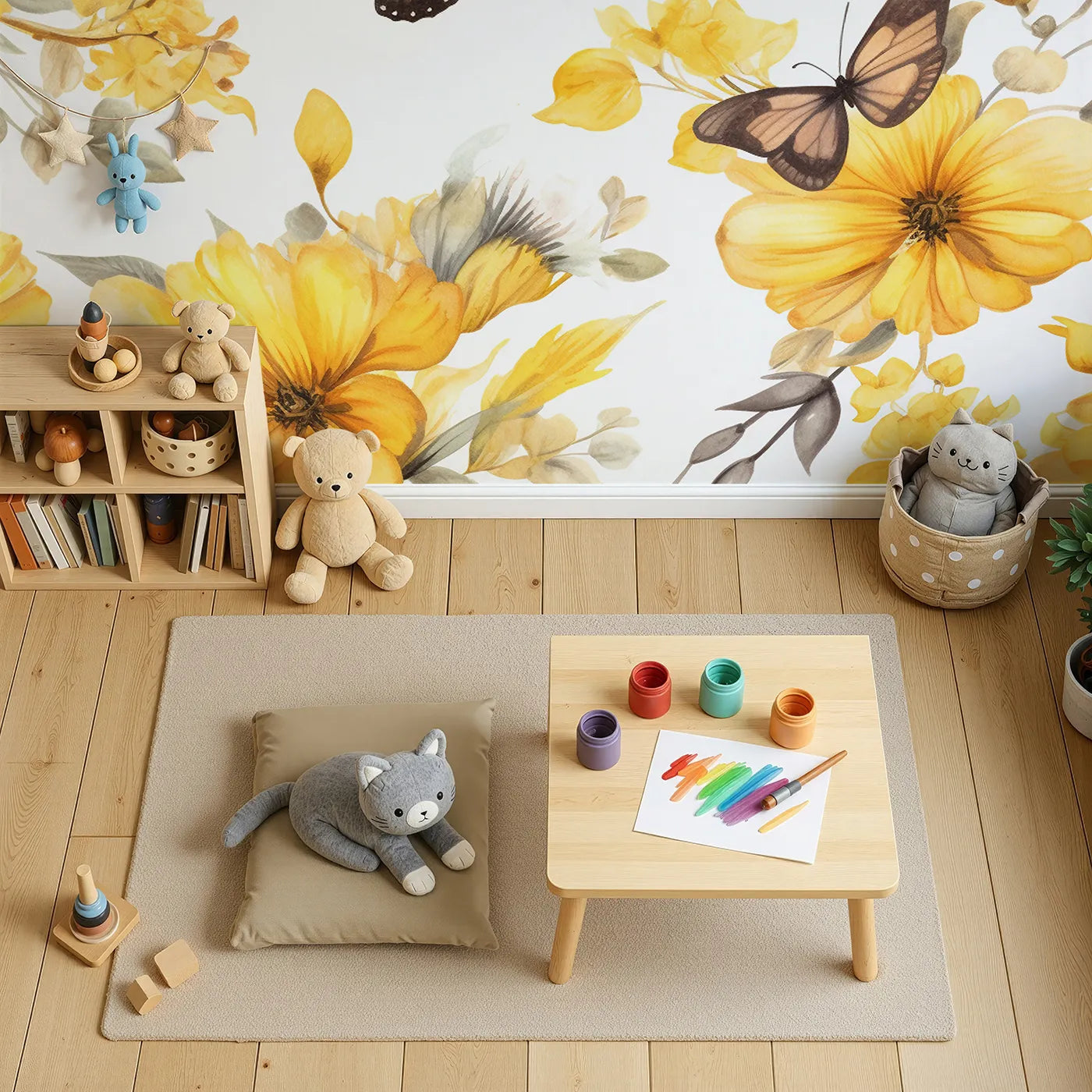 Top-down view of Whimsy Tots' Yellow Butterfly Meadow Wall Mural (Turn Their Room into a Gentle, Sunlit Garden).Gender-Neutral