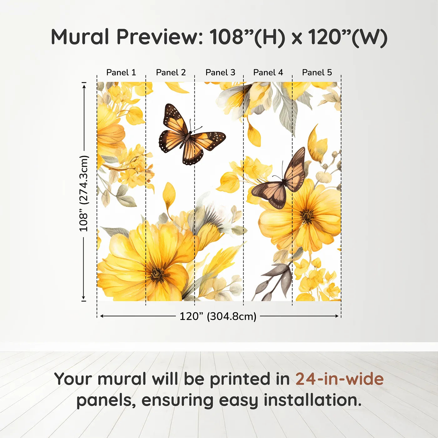 Whimsy Tots Yellow Butterfly Meadow Wall Muraldimension view (108" H x 120" W). Printed in five 24-inch-wide panels. Gender-Neutral