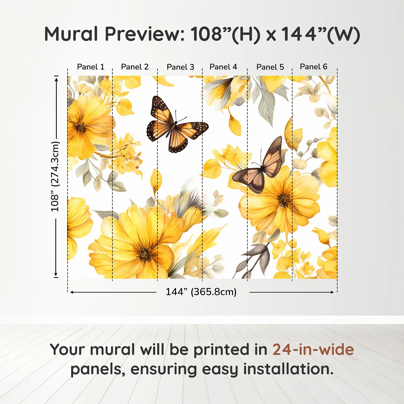 Whimsy Tots Yellow Butterfly Meadow Wall Muraldimension view (108" H x 144" W). Printed in six 24-inch-wide panels. Gender-Neutral